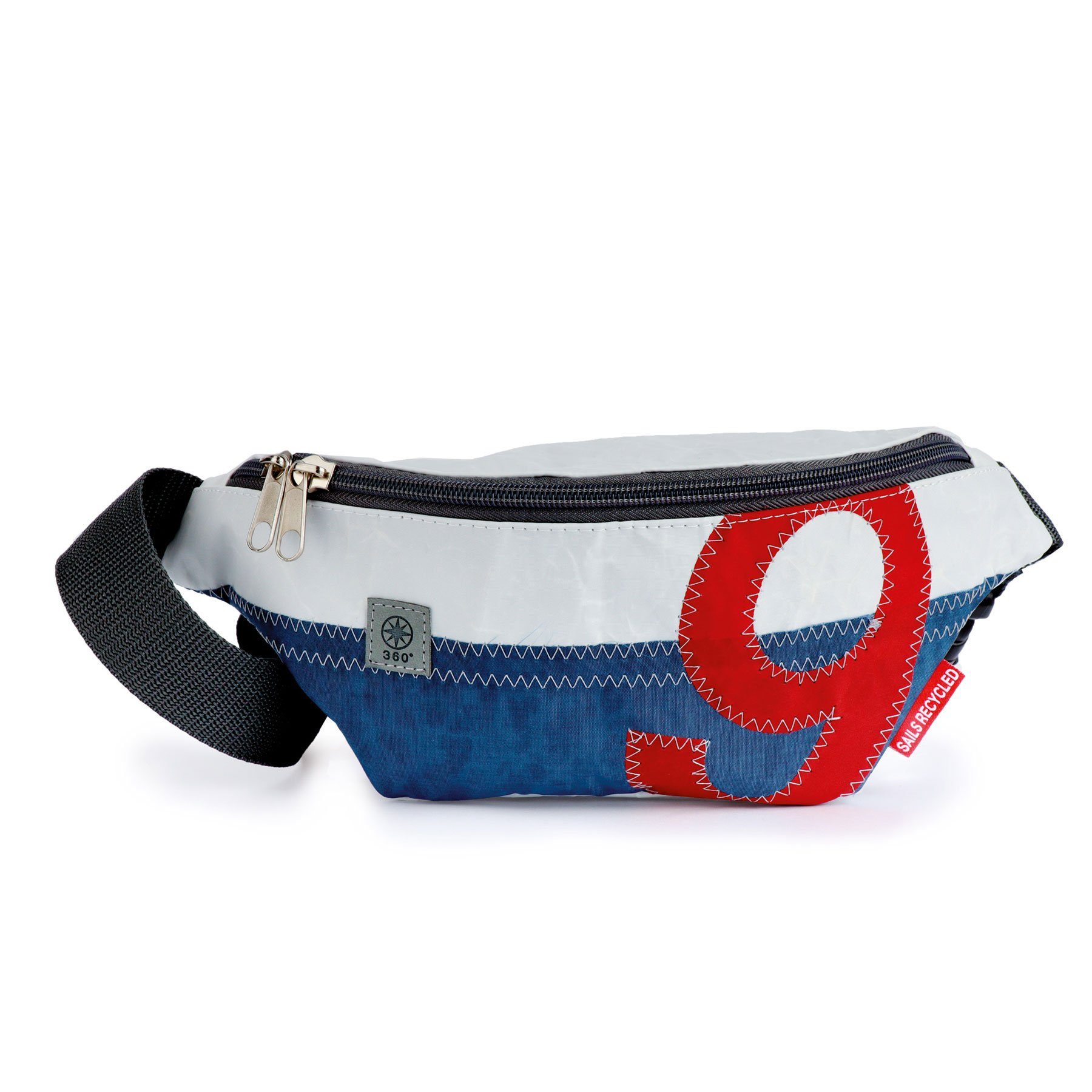 360Grad Umhängetasche Hüfttasche, Cross over, Segel weiß-blau, Zahl rot