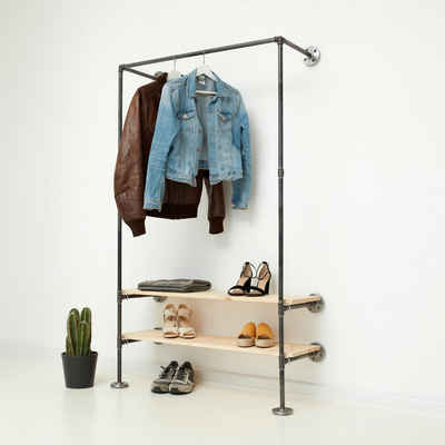 various - Industrial Design Möbel Garderobenständer Industrial Garderobe mit Schuhregal IDEAL TWO, Wasserrohr schwarz, Div. Breiten und Höhen