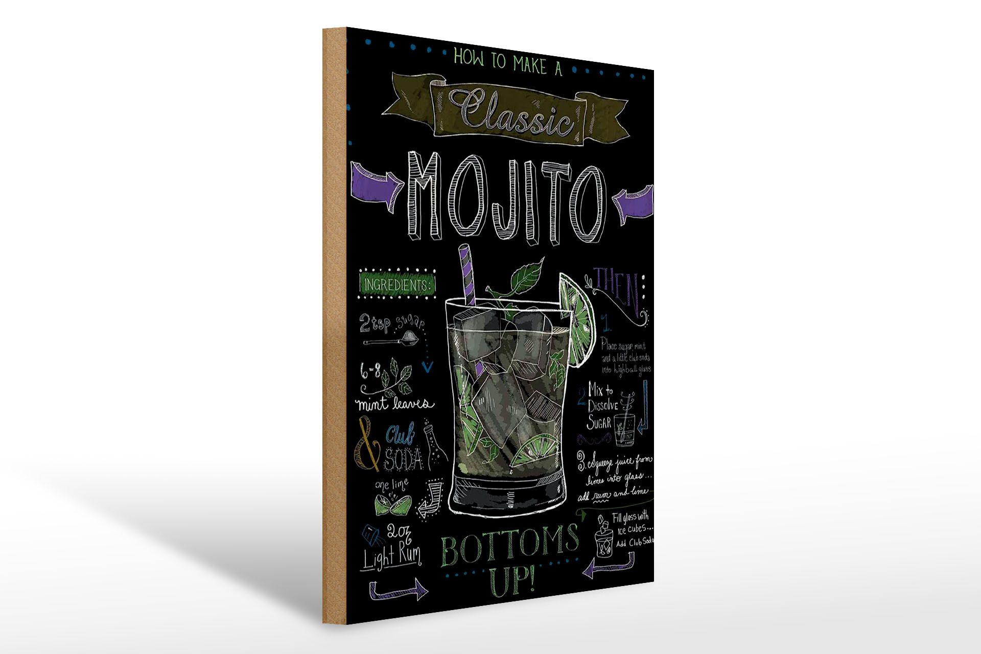 Femer GmbH Holzbild Cocktail 30x40 cm Classic Mojito Rezept Tafeloptik, (1 St), Glatte Holzfaserplatte (MDF), vorn beschichtet