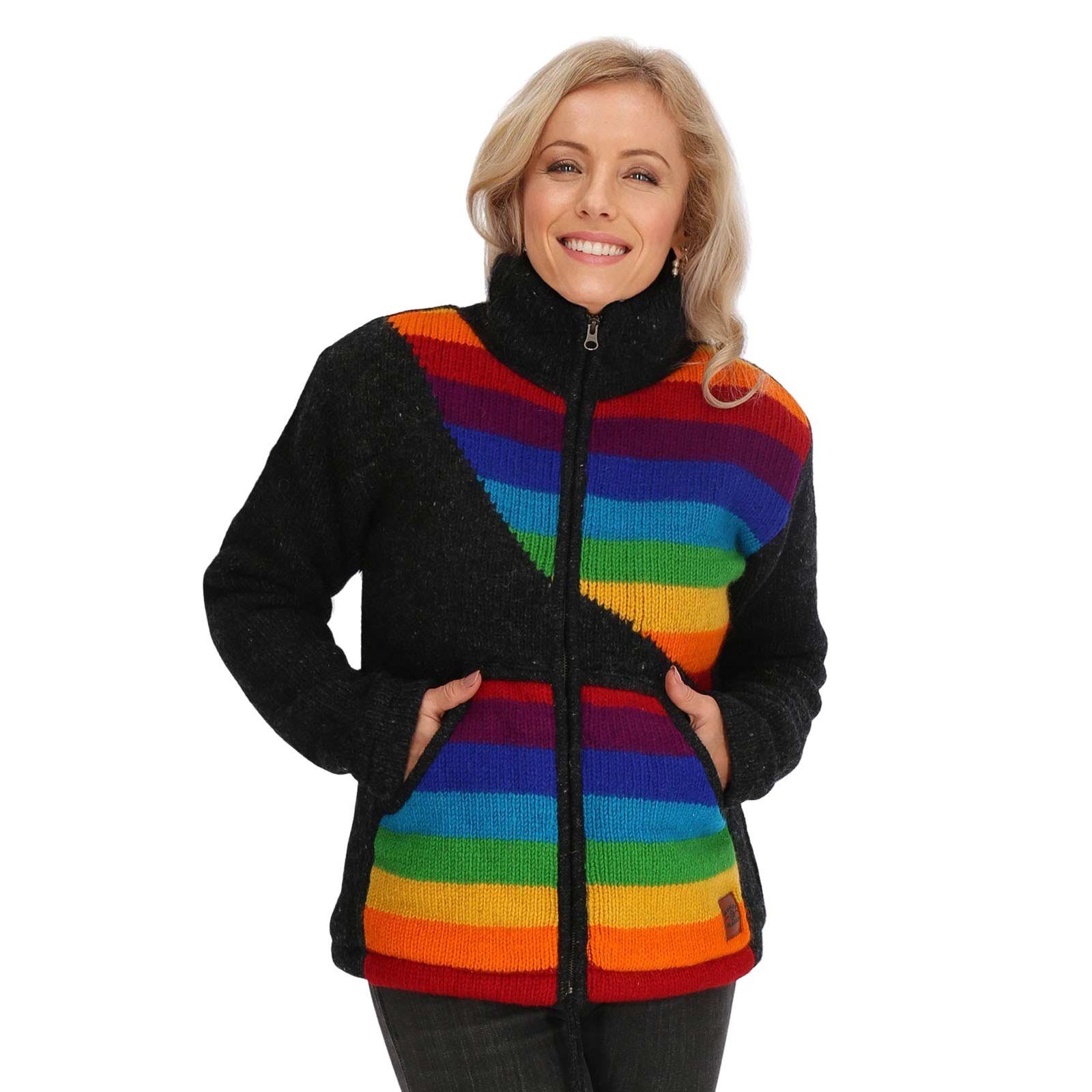 KUNST UND MAGIE Kapuzenstrickjacke Damen Strickjacke gefütterte Wolljacke Strickpullover Bunt Regenbogen