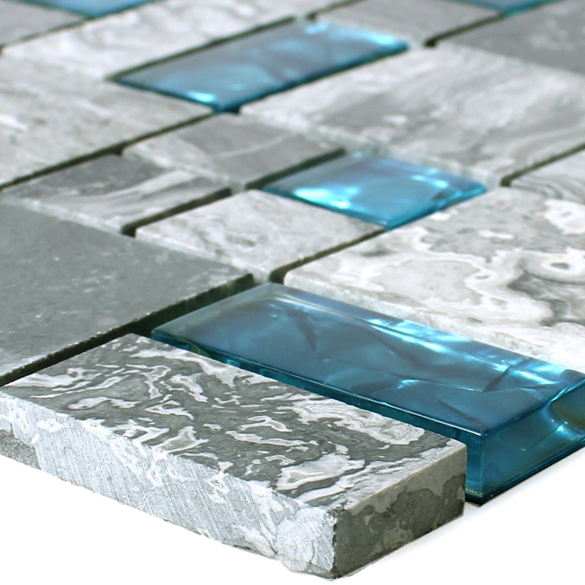 Mosafil Mosaikfliesen Glas Naturstein Mosaik Fliesen Sinop 2 Mix, Naturstein-Glas 30.000x30.000, grau-blau, Verlegefertig auf ein Netz geklebt - Wasserfest