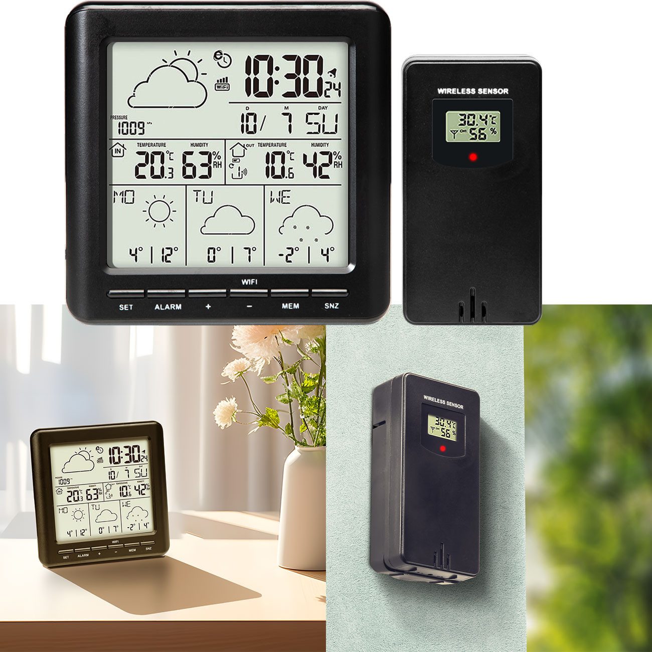 Casativo WLAN Wetterstation mit Außensensor steuerbar via App 21 Wettersymbole Funkwetterstation (60m Funksensor, 4-Tage-Prognose, LCD-Display, 6 Steuerungstasten)