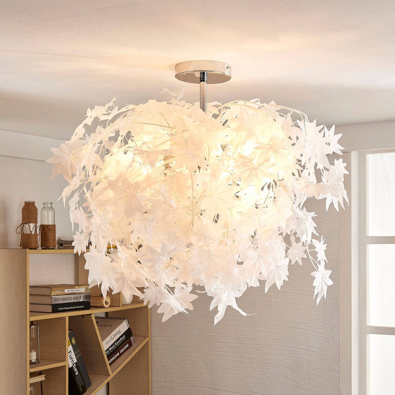 Lindby Deckenlampe Maple, Ø 70 cm, chrom, weiß, Textil günstig online kaufen