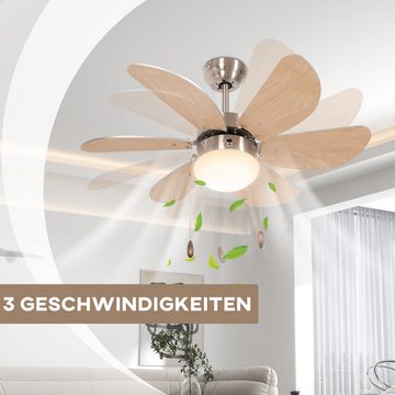 HOMCOM Deckenventilator Licht mit 6 umkehrbaren Flügeln, Kettenzugschalter, für Schlafzimmer Wohnzimmer, Buche Holzton und Silber
