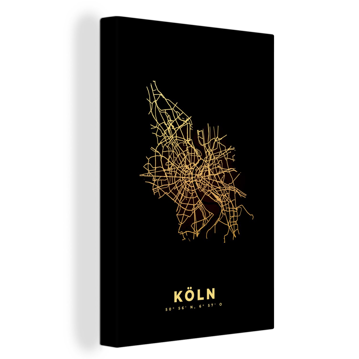 OneMillionCanvasses® Leinwandbild Köln - Karte - Gold - Stadtplan, (1 St), Leinwandbild fertig bespannt inkl. Zackenaufhänger, Gemälde, 20x30 cm | Leinwandbilder