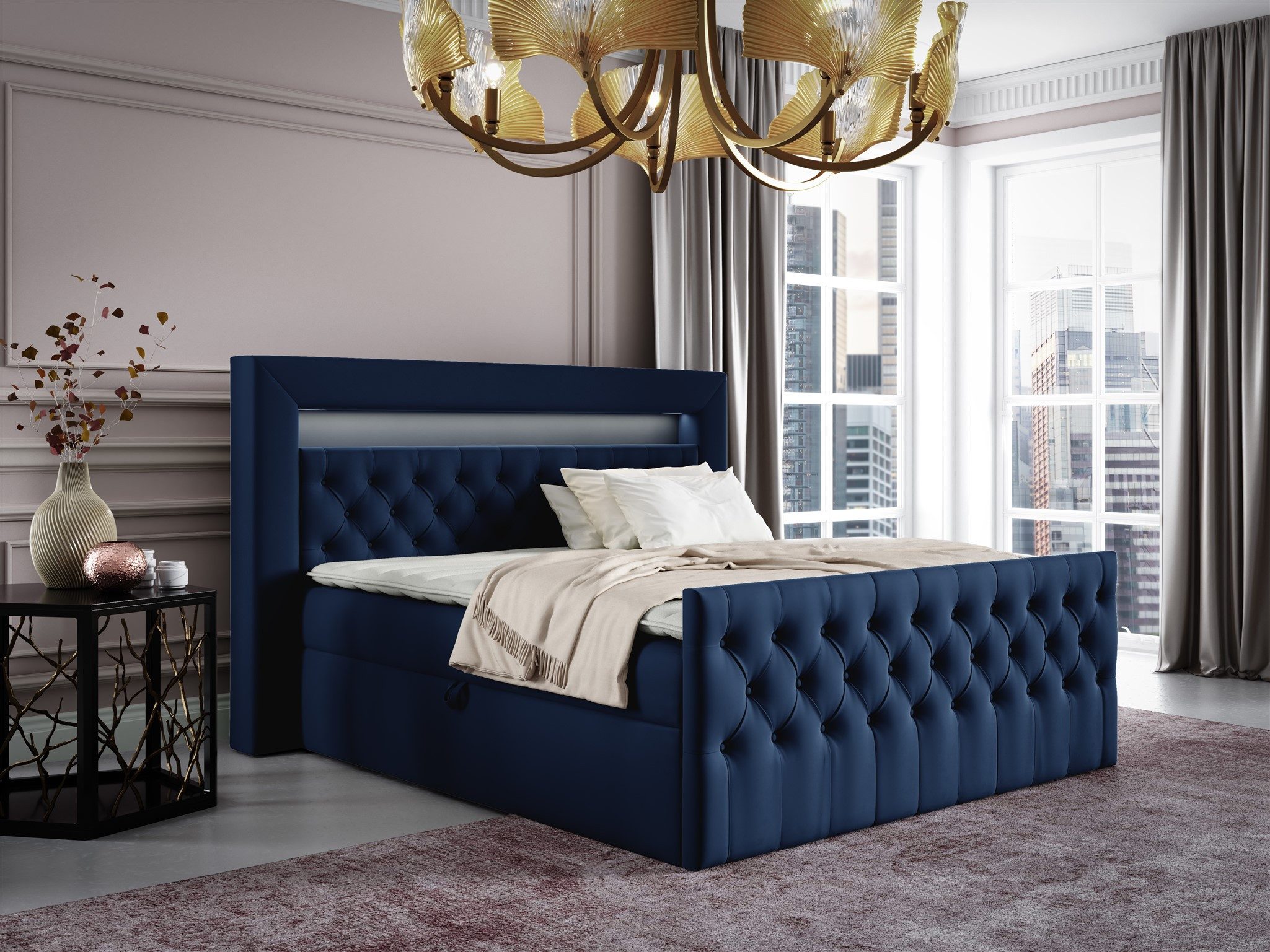 Fun Möbel Boxbett Schlafzimmerbett ERNESTO Nr.4 in Stoff Elisa Velvet (inkl. Topper, inkl. Bettkästen), inkl. 2 x Nachttisch mit Glasplatte, Polsterhocker und LED-Beleuchtung