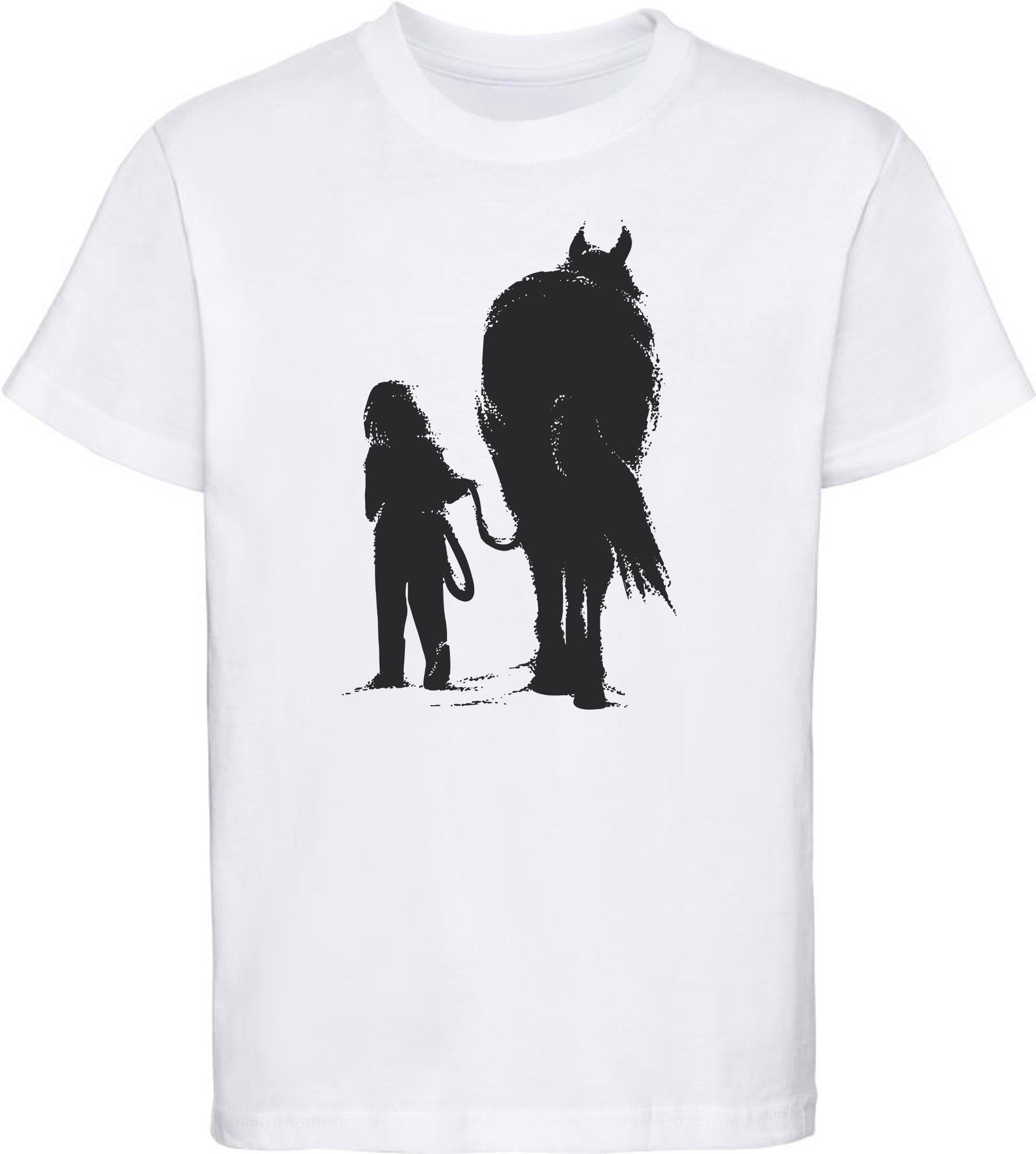 MyDesign24 T-Shirt Kinder Print Shirt bedruckt - Mädchen & Pferd beim Spaziergang Baumwollshirt mit Aufdruck, i250 weiss