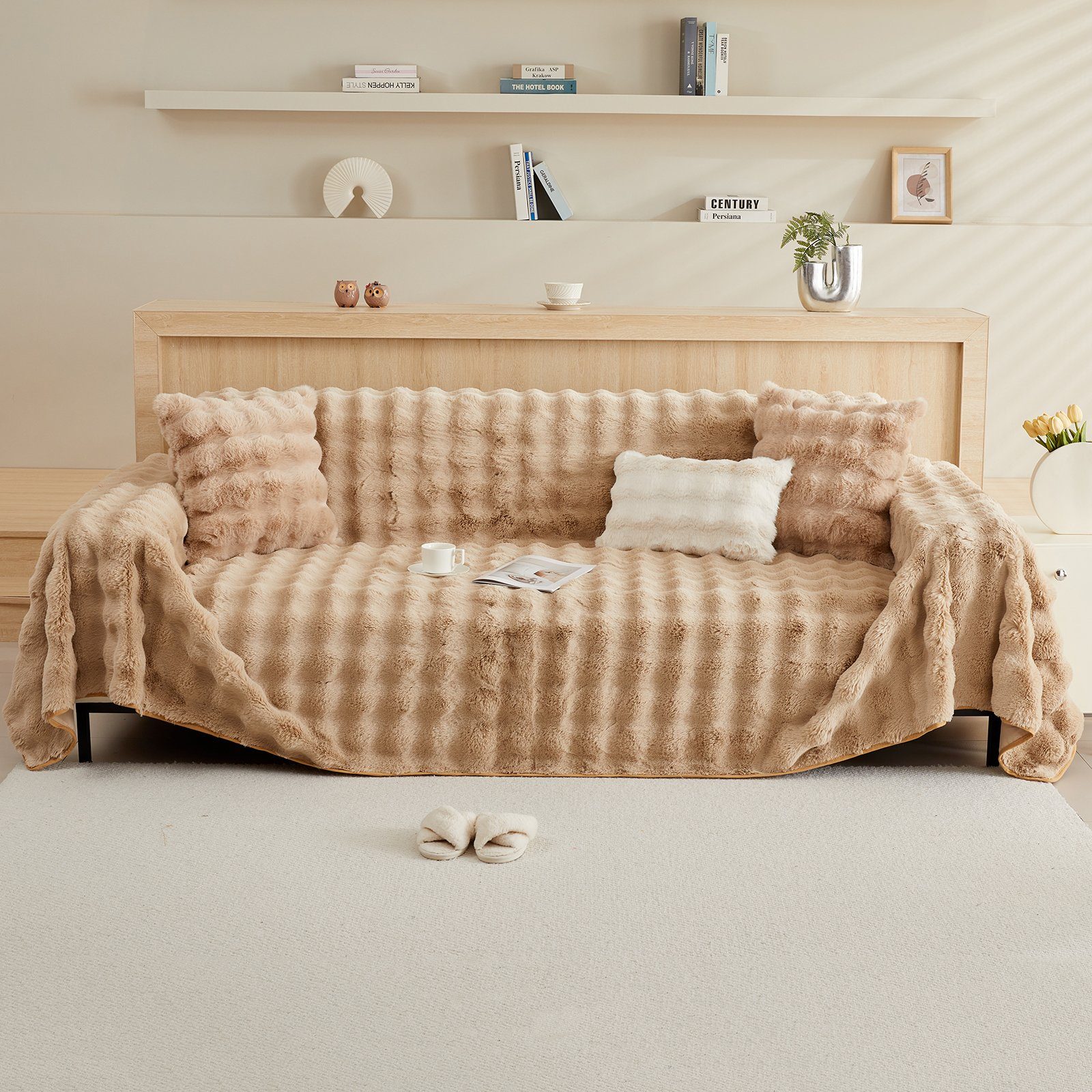 Sofabezug Antirutsch, Wohnzimmer Warme, SofaÜberwurf aus Couchbezug, Kunstpelz Dick Plüsch Superweiche Winter Khaki#2 für Sitzkissenbezug, Sunicol, Sofa