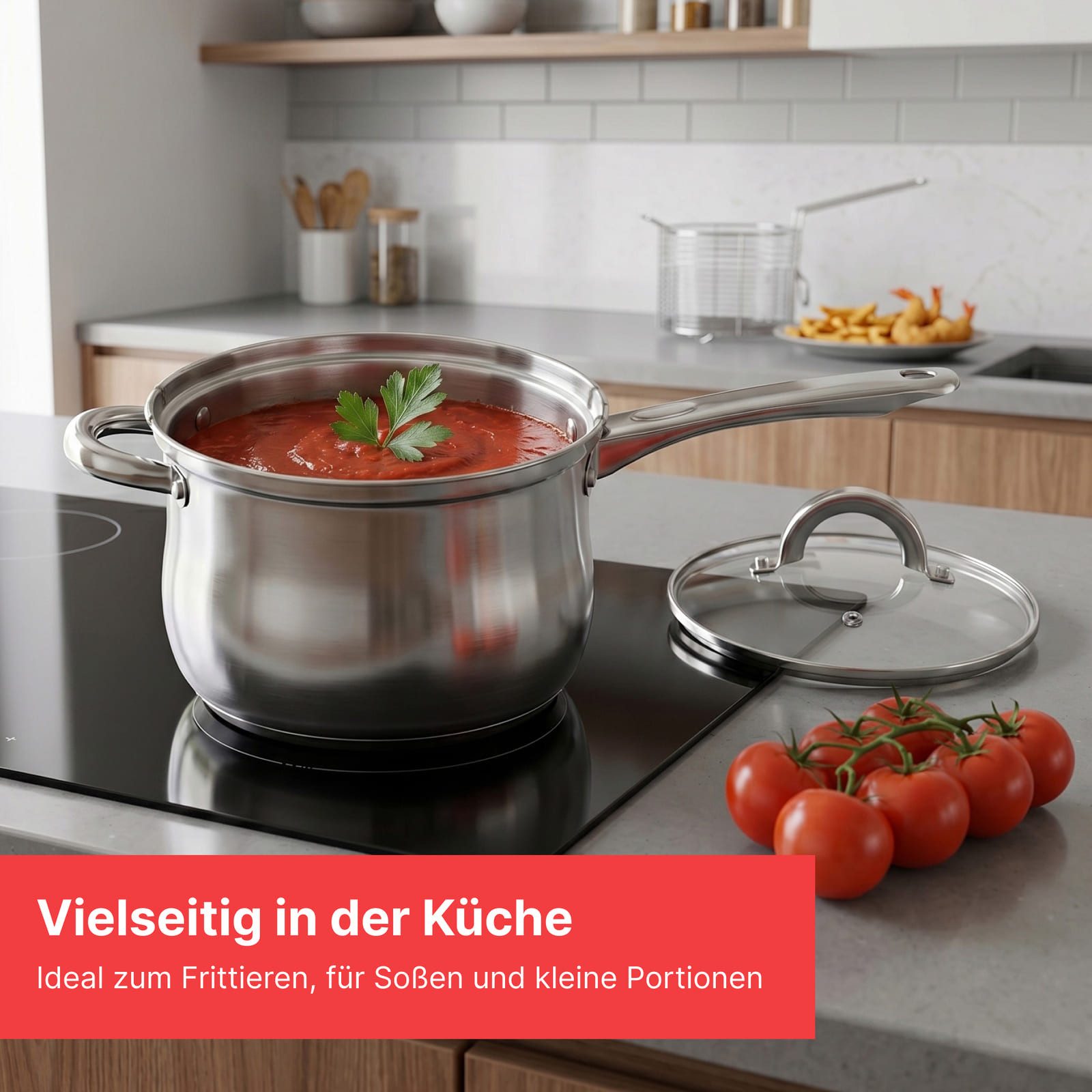 BIG-PAN Frittiertopf Pommestopf 3,5 L Edelstahl Fritteuse mit Frittierkorb und Glasdeckel, Edelstahl (Pommes-Frittierer Stielkasserolle, Kochtopf Universaltopf Kasserolle), Frittöse Topf für Pommes