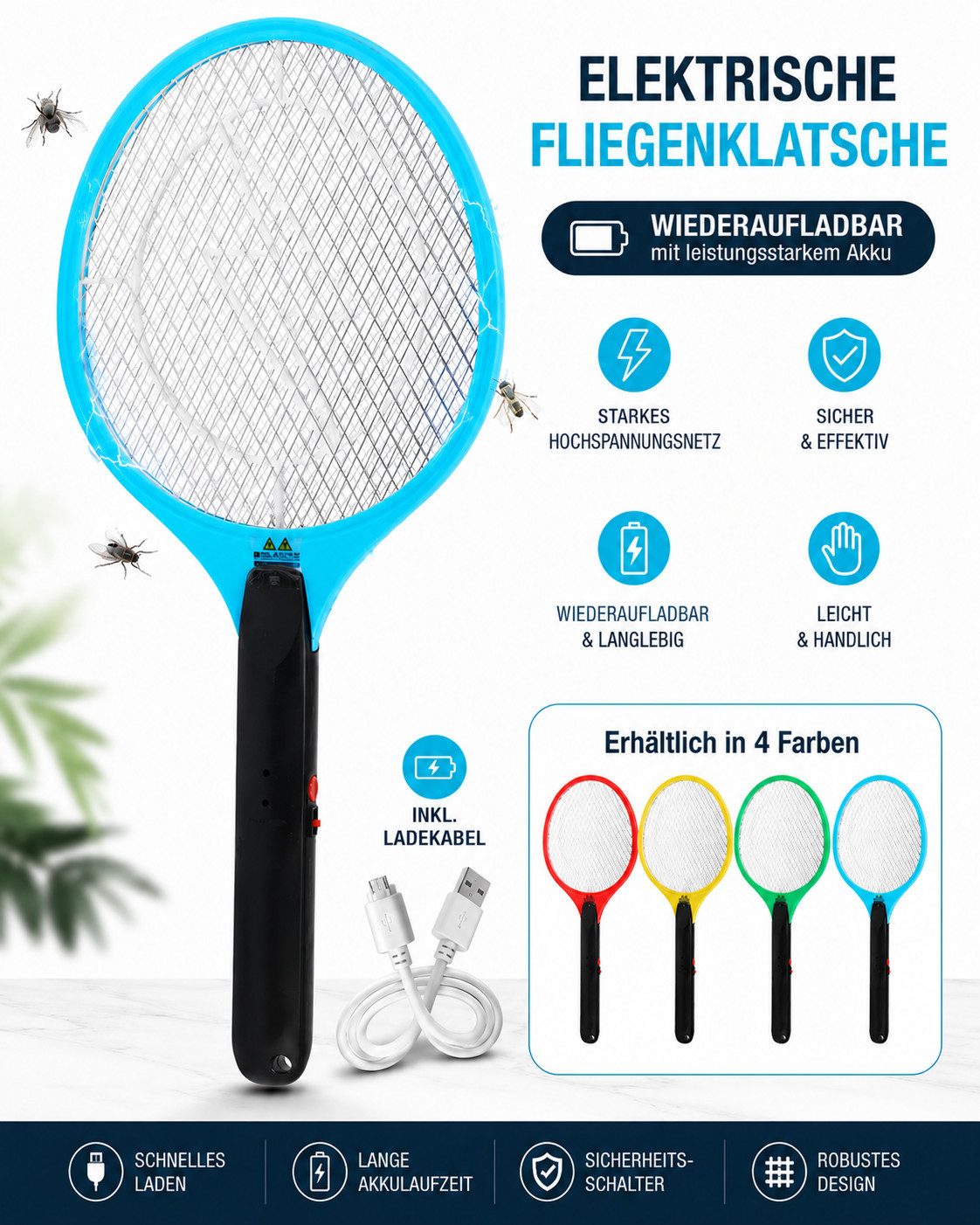 mucHome Fliegenklatsche elektrisch aufladbar mit Akku, inkl. Ladekabel Fliegenfänger