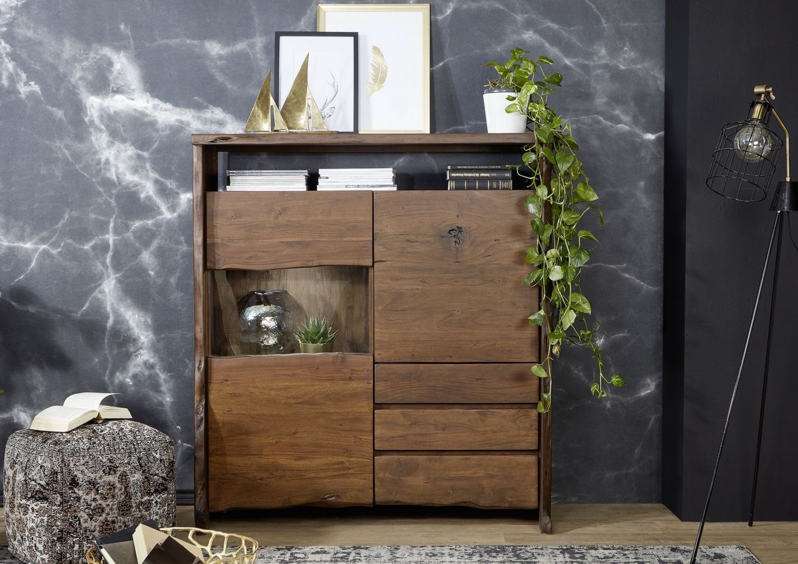 Massivmoebel24 Highboard PURE ACACIA (Massivholz), Highboard Akazie 131x45x147 braun lackiert PURE ACACIA #803
