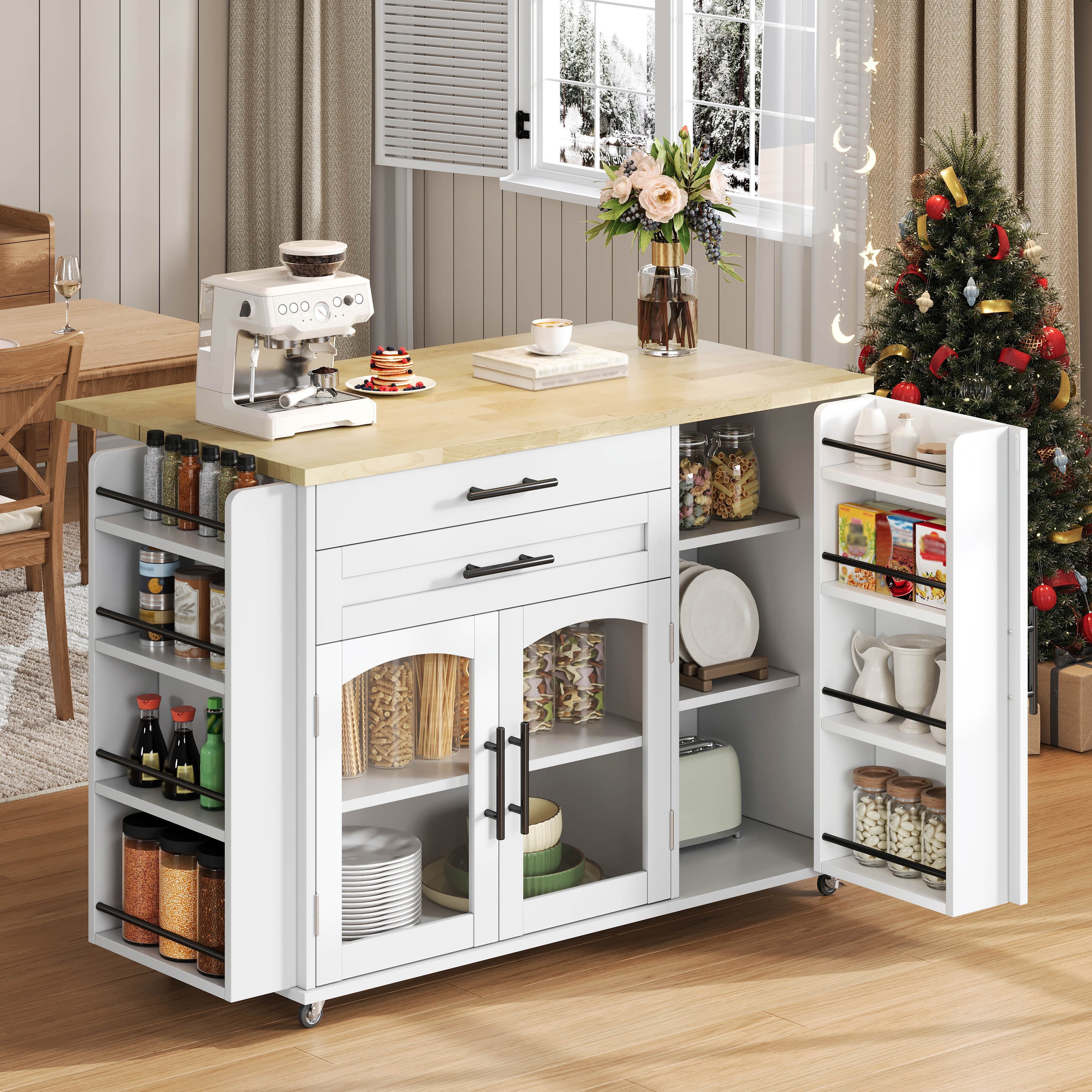 Yorbay Kücheninsel mit klappbarer Arbeitsplatte, Küchenwagen auf 5 Rollen, vielseitige Aufbewahrung, 120x45(70)x90 cm