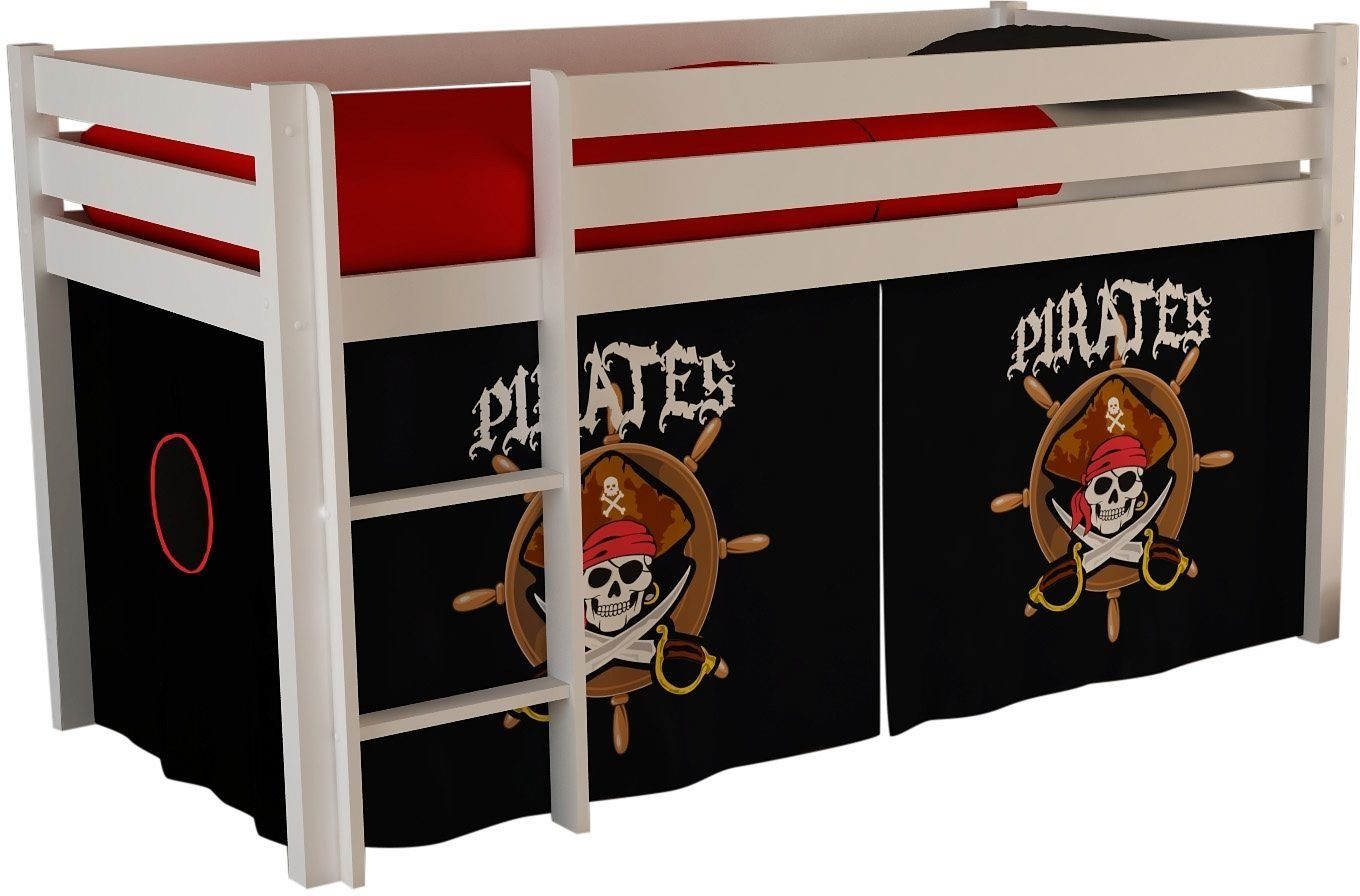 Vipack Hochbett Pino, Kiefer massiv, Made in Europe, inkl. Rolllattenrost u. Leiter (umlaufender Absturzschutz, inkl. Textil-Set "Pirat", 3 Gestellfarben) wahlweise mit oder ohne Rutsche, auch seitenverkehrt montierbar