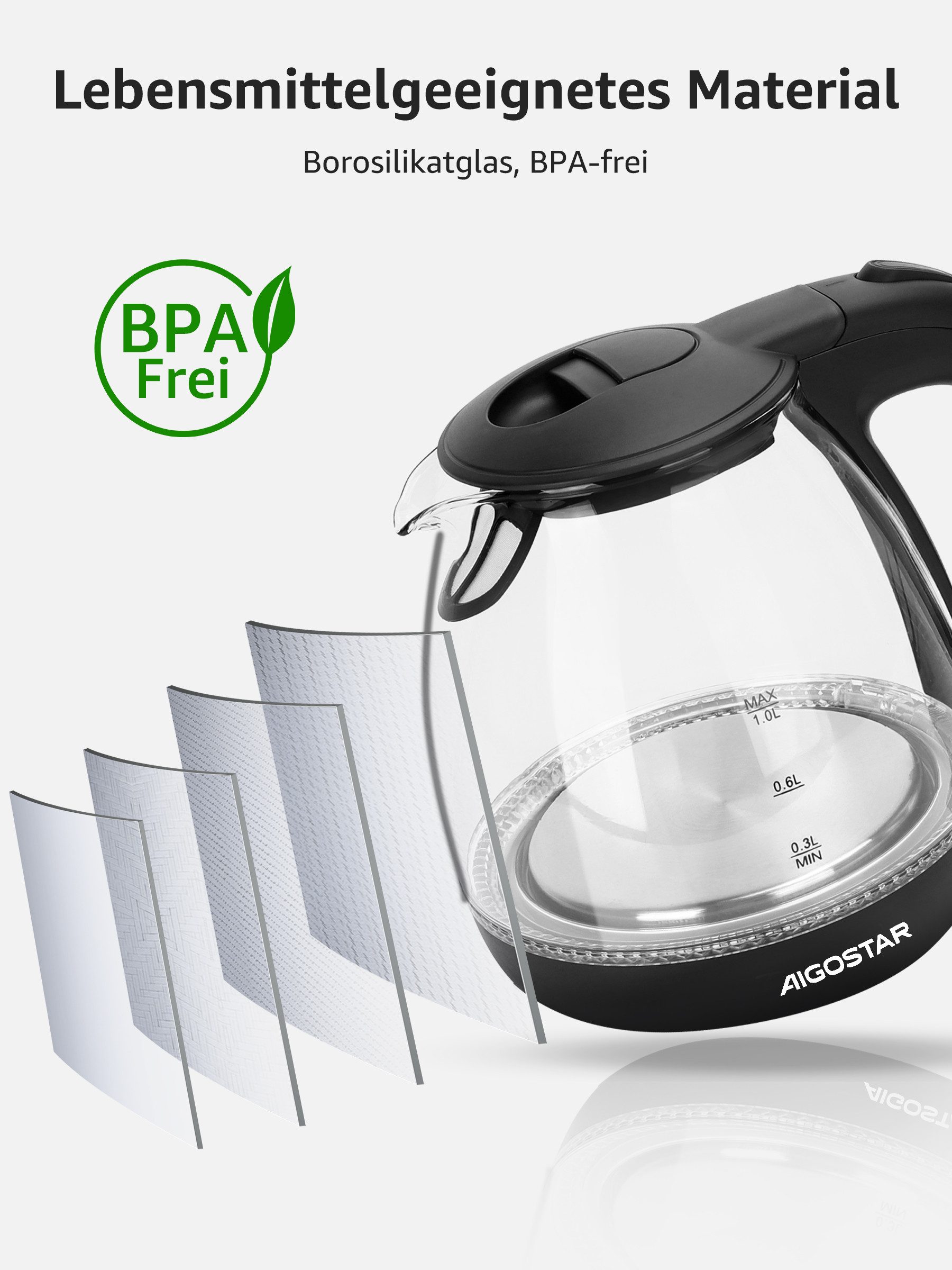 Aigostar Wasserkocher Wasserkocher Glas 1L, Mit LED-Beleuchtung, 2200W, 2200 W, Kompakter 1L Glas-Wasserkocher mit blauer LED-Innenbeleuchtung