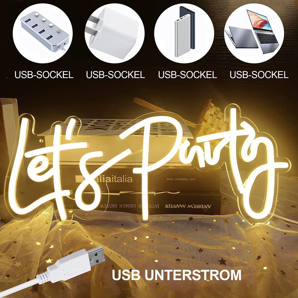 Rosnek LED Dekolicht Let's Party, für Schlafzimmer mit Hochzeit, USB, Geburtstag Warmweiß Party Schalter, Neonlicht, Wanddeko