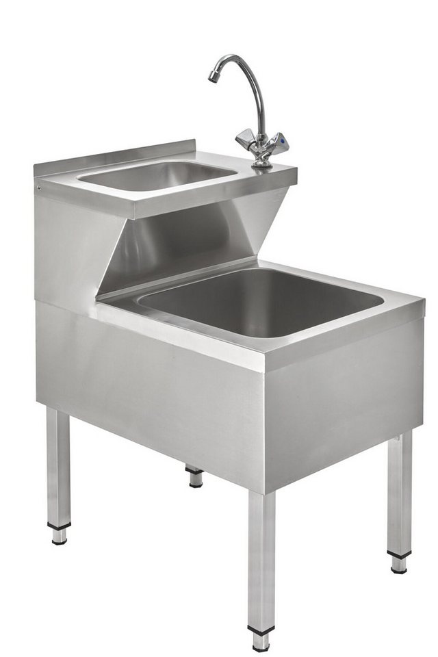 GastroHero Waschbecken Handwaschbecken Edelstahl 50x59 cm mit Ausgussbecken, Zwei getrennte Becken, integrierte Mischbatterie