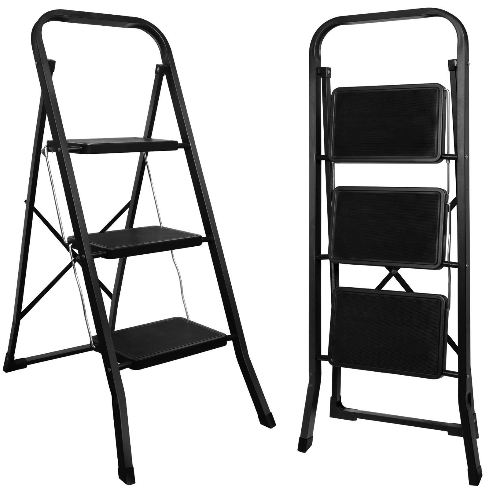 SunJas Trittleiter OZ-Step03 3 stufen Mit extrabreiten, rutschfesten Trittstufen (Eisen Stehleiter, Multifunktionsleiter), Klapptritt Leiter mit 3 Stufen & Handlauf Stehleiter bis 150 kg