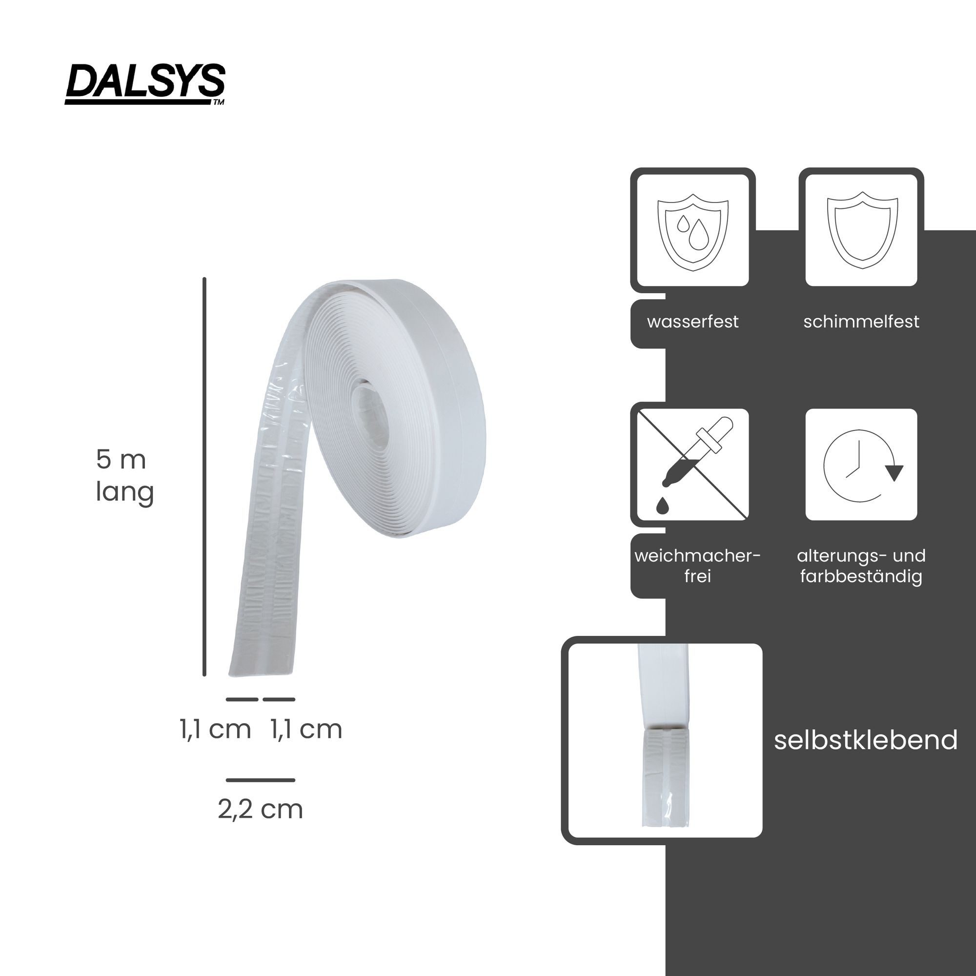 Dalsys Dichtungsband Dichtband selbstklebend wasserdicht, (5 m, 1,1 x 1,1 cm, weiß, 1-St), Kantenschutz selbstklebend, geeignet für Bad, Küche, Fenster – Bild 2 von 5