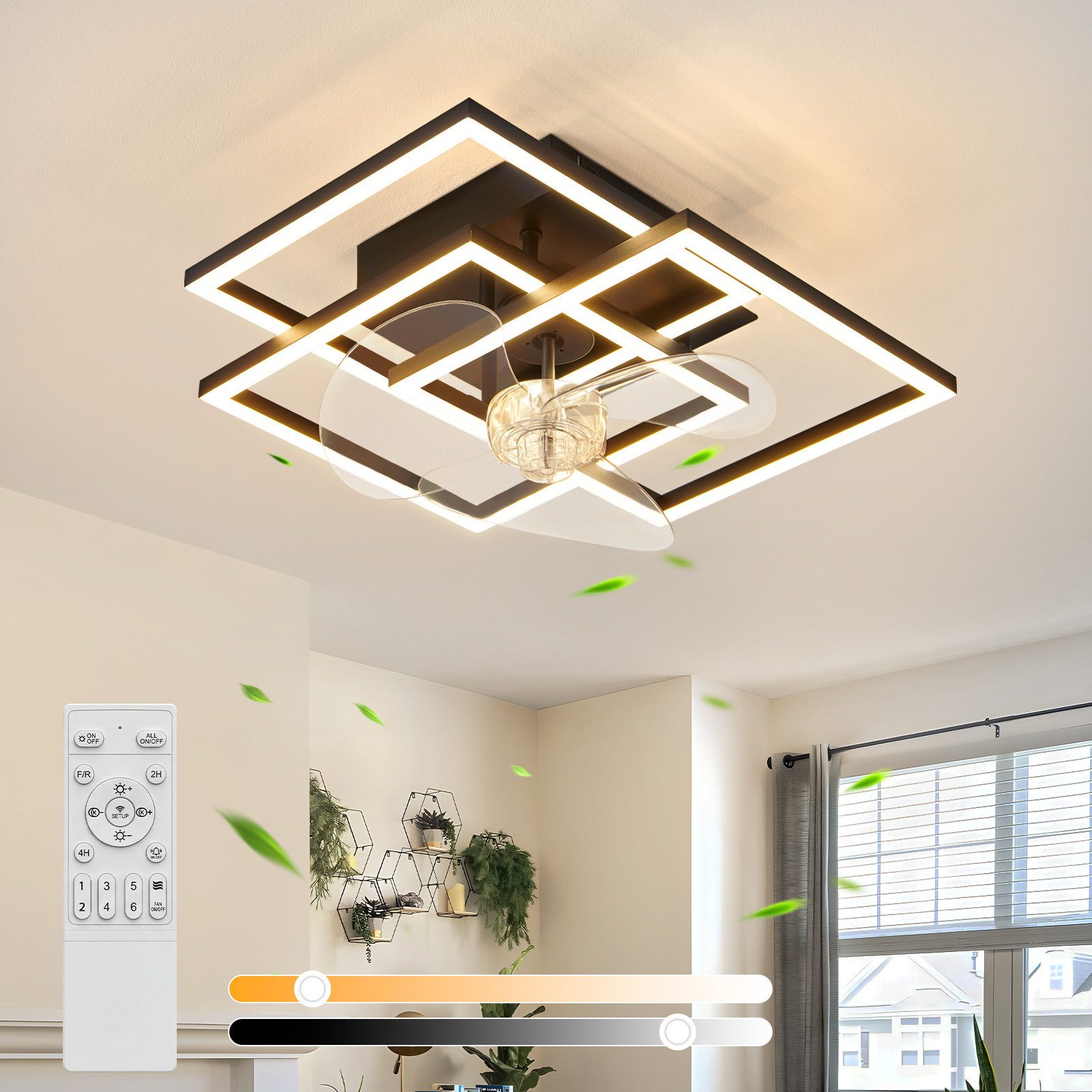 Nettlife Deckenventilator Beleuchtung dimmbar 6-Stufen Fernbedienung leiser Schwarz Modern, für Wohnzimmer Esszimmer Schlafzimmer Timer Nachtautomatik