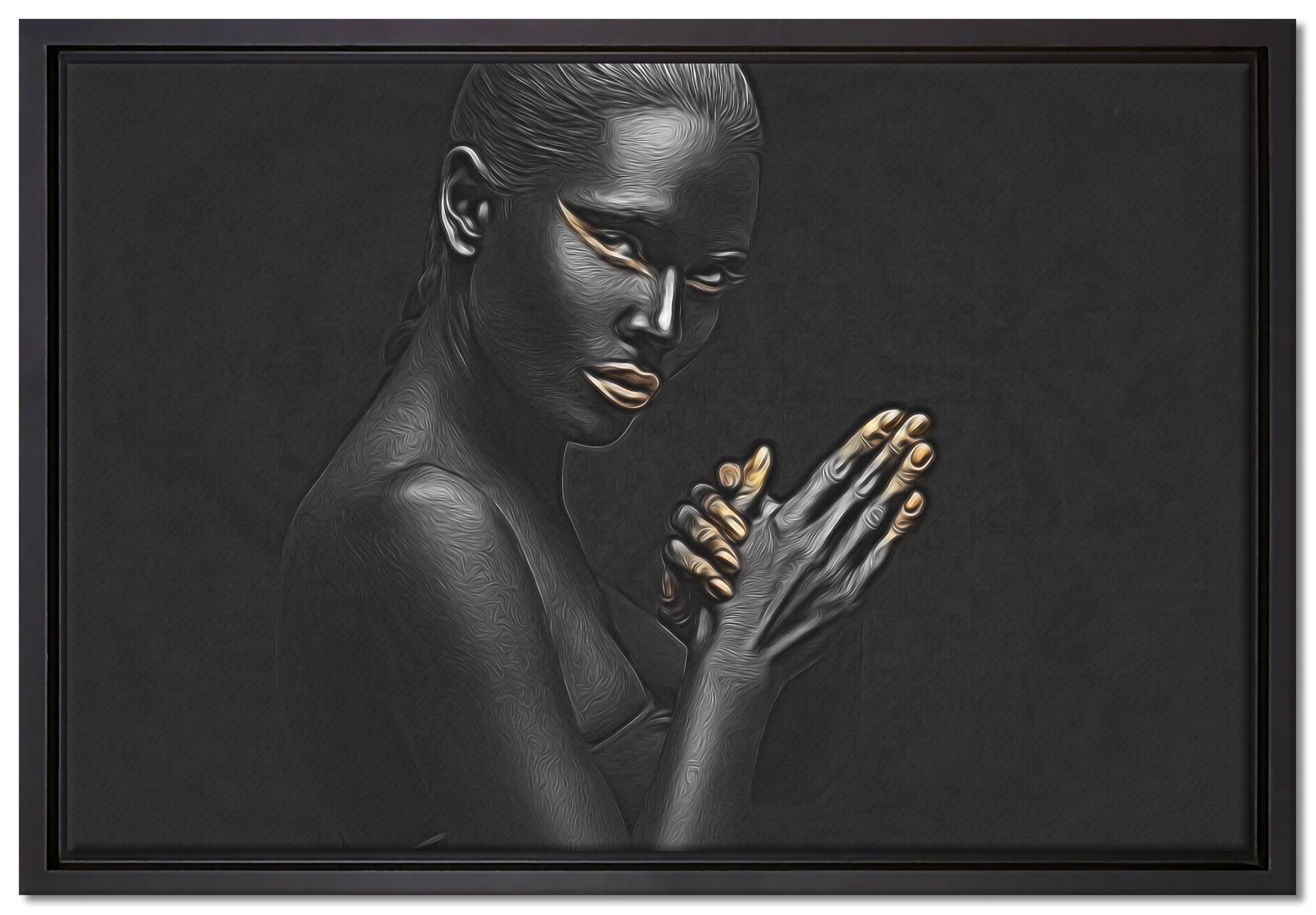 Pixxprint Leinwandbild Frau mit goldenen einem fertig gefasst, Wanddekoration inkl. (1 St), in Leinwandbild Zackenaufhänger Lippen, bespannt, Schattenfugen-Bilderrahmen