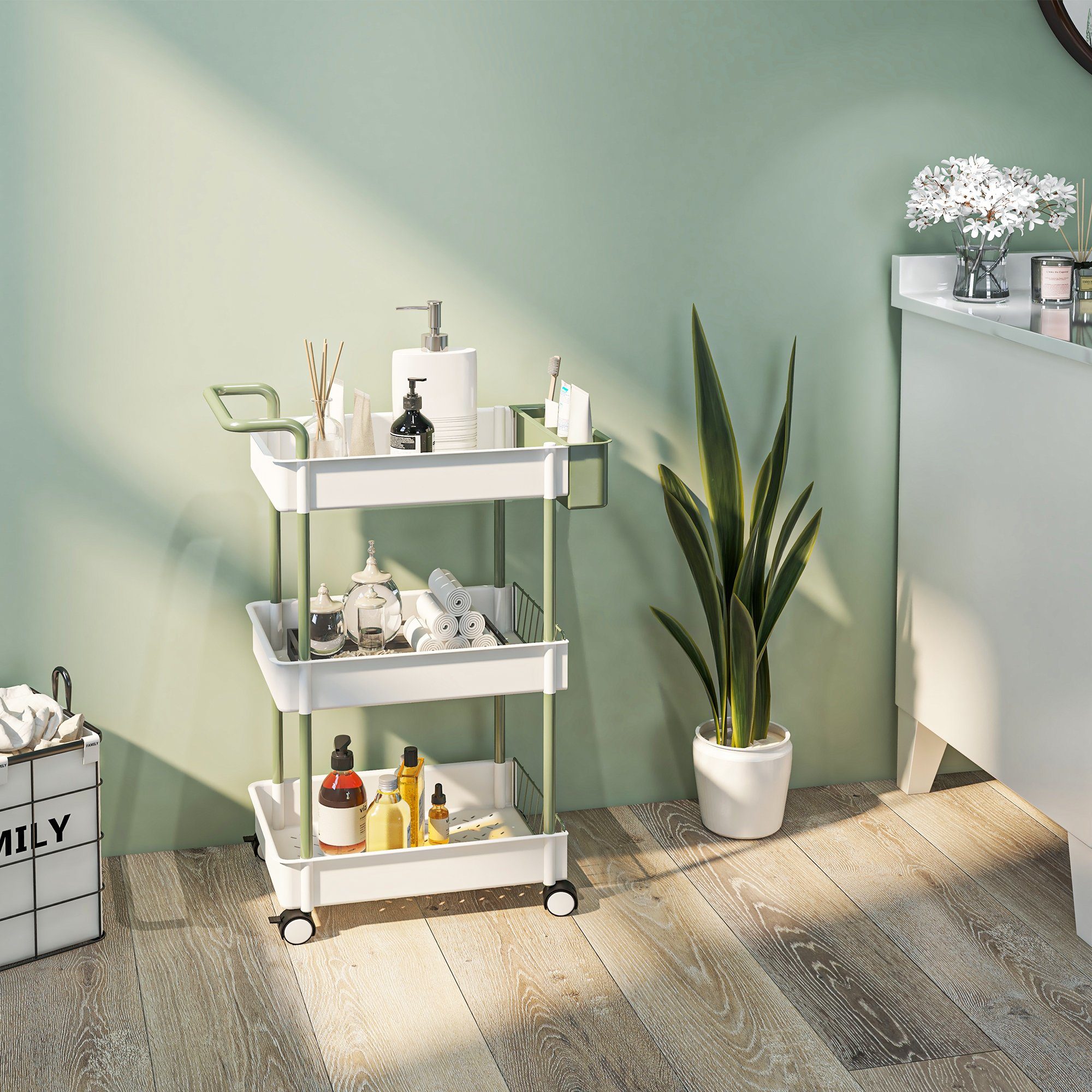 HOMCOM Servierwagen Rollwagen mit 3 Etagen, Hängekorb, Aufbewahrungswagen m günstig online kaufen