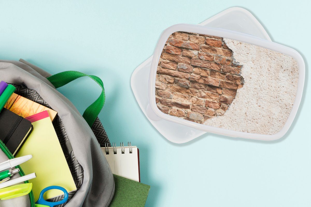 und Kunststoff, Wand - (2-tlg), weiß MuchoWow Mädchen Jungs - und Gips Lunchbox Kinder Brotbox Brotdose, Ziegel, für Erwachsene, für