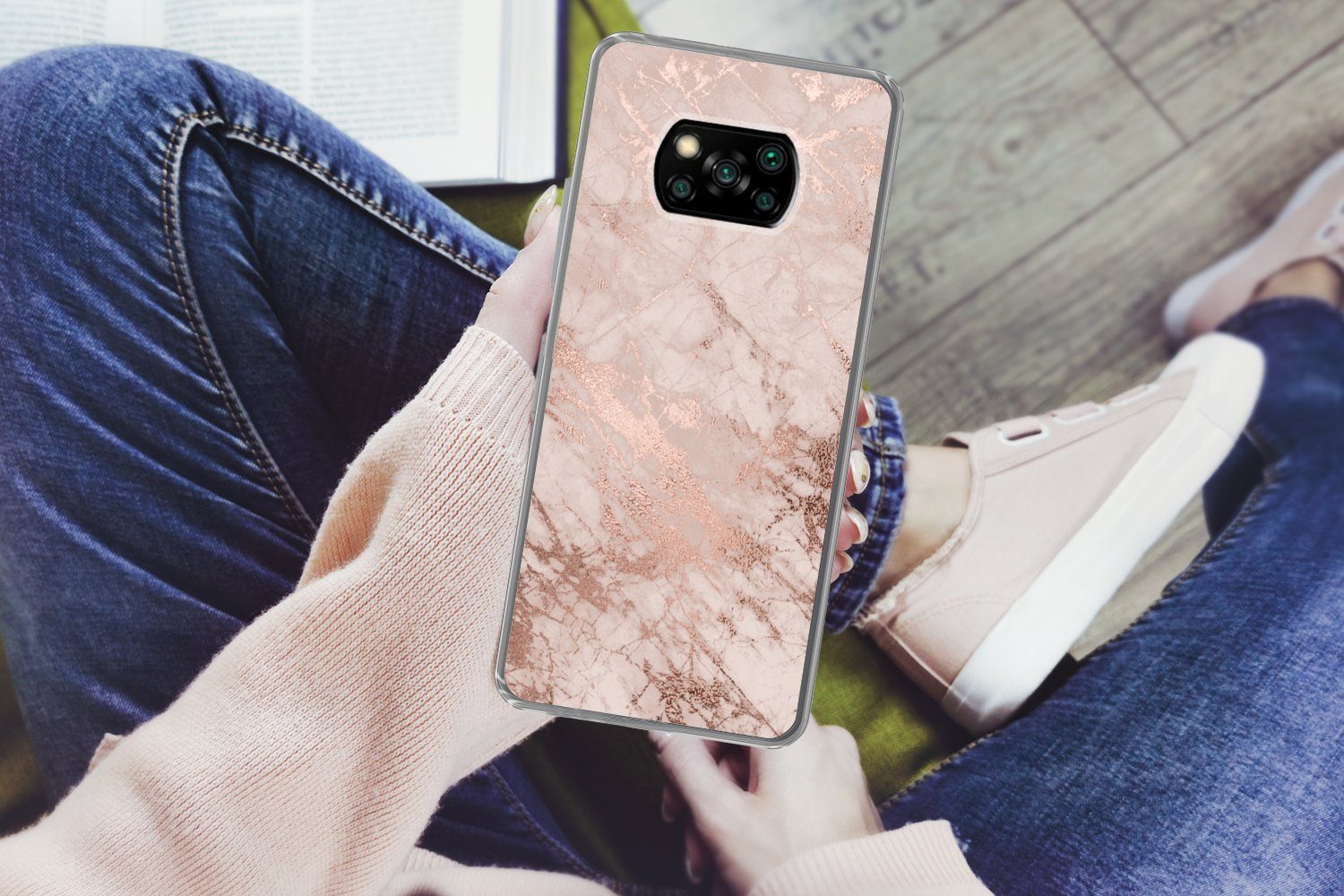 MuchoWow Handyhülle für Xiaomi Poco X3 Pro Marmor - Rosa - Luxus - Marmoroptik - Glitzer -, Phone Case, Silikon, Schutzhülle Dünn
