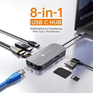 NOVOO USB-Adapter USB-C zu USB 3.0, HDMI, SD Kartenleser, TF Kartenleser, Typ-C PD, Ethernet, USB C Hub 4K@60Hz HDMI 8-in-1 USB-C Adapter