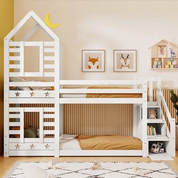 XDeer Jugendbett Kinderbett Baumhaus Hochbett mit Schublade und Rausfallschutz, 2x Lattenrost für Kinder 90 x 200 cm Weiß