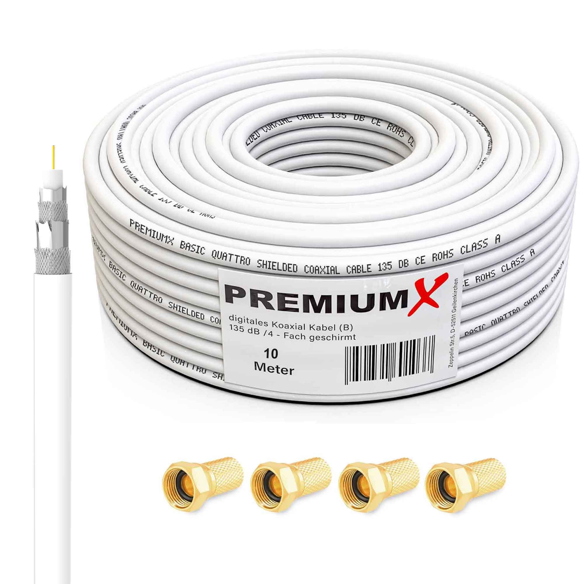 PremiumX 10m BASIC Koaxialkabel 135dB 4-fach SAT Koax Kabel 4x F-Stecker SAT-Kabel
