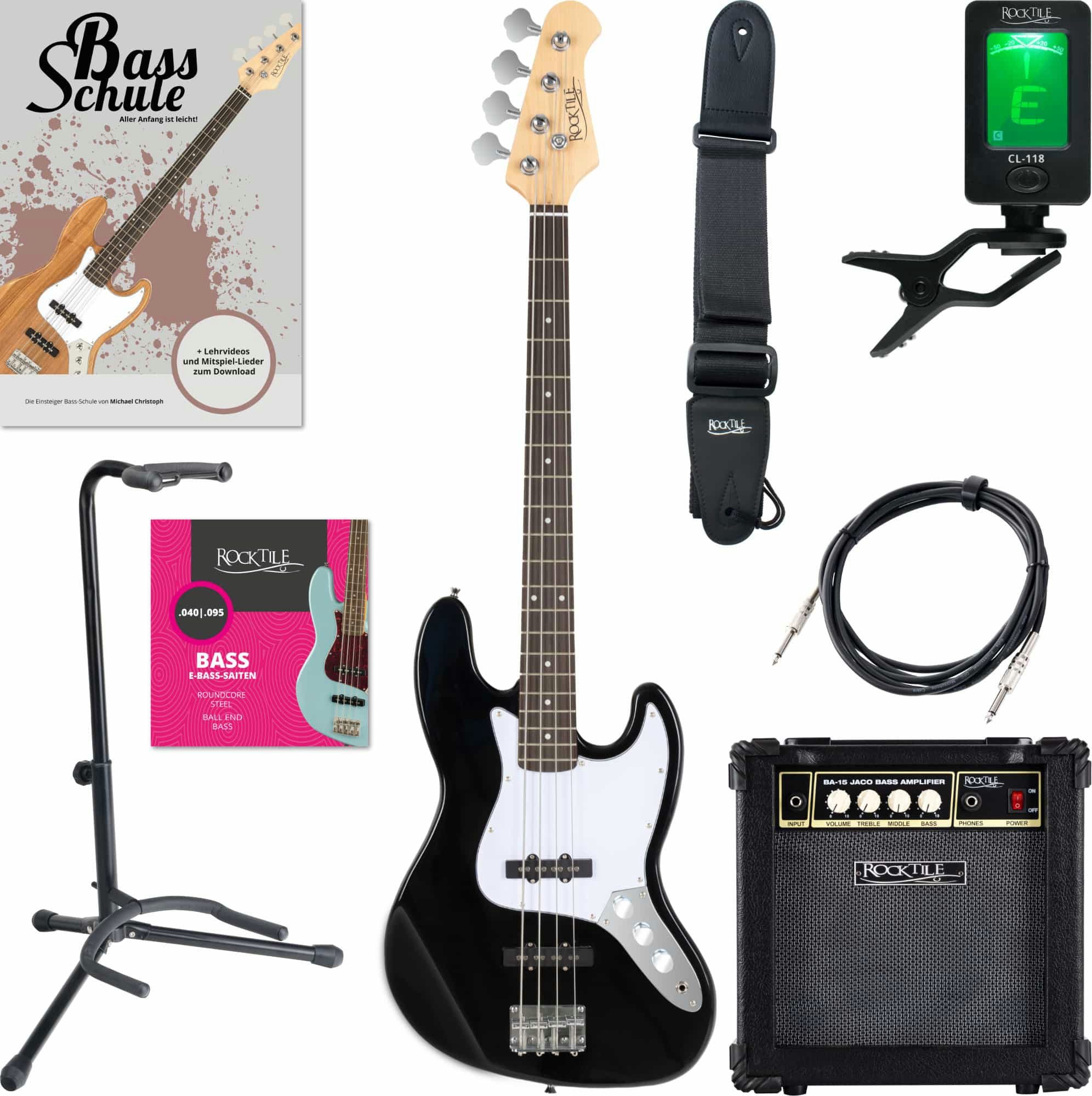 Rocktile E-Bass Fatboy II BK Black Starter Set, mit Clip-Tuner und Plektren im Spar-Set, mit Bassverstärker, Gitarrenständer und Gitarrengurt