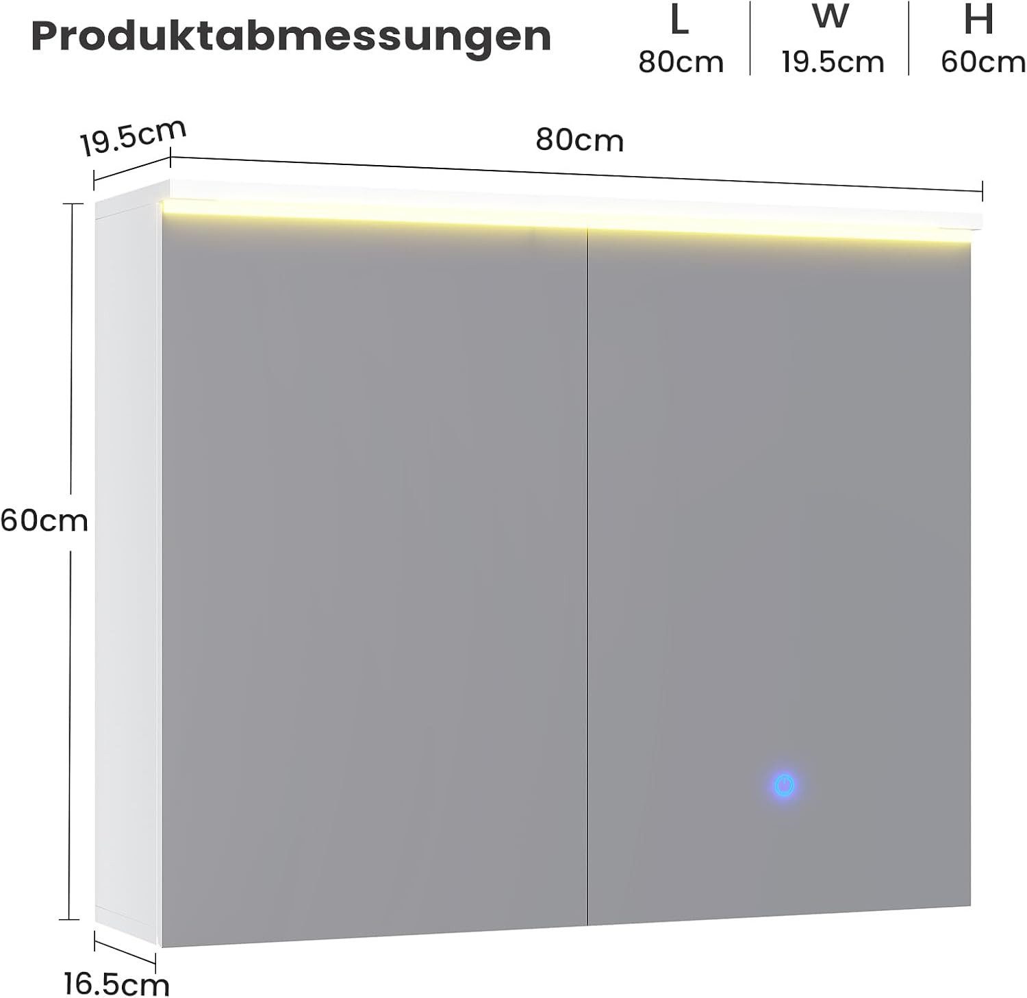 MSMASK Badezimmerspiegelschrank mit LED-Beleuchtung und Steckdose, Lichtschalter, 3 Farbtemperaturen (1-St) 3-stufig höhenverstellbare Ablage – Bild 2 von 5