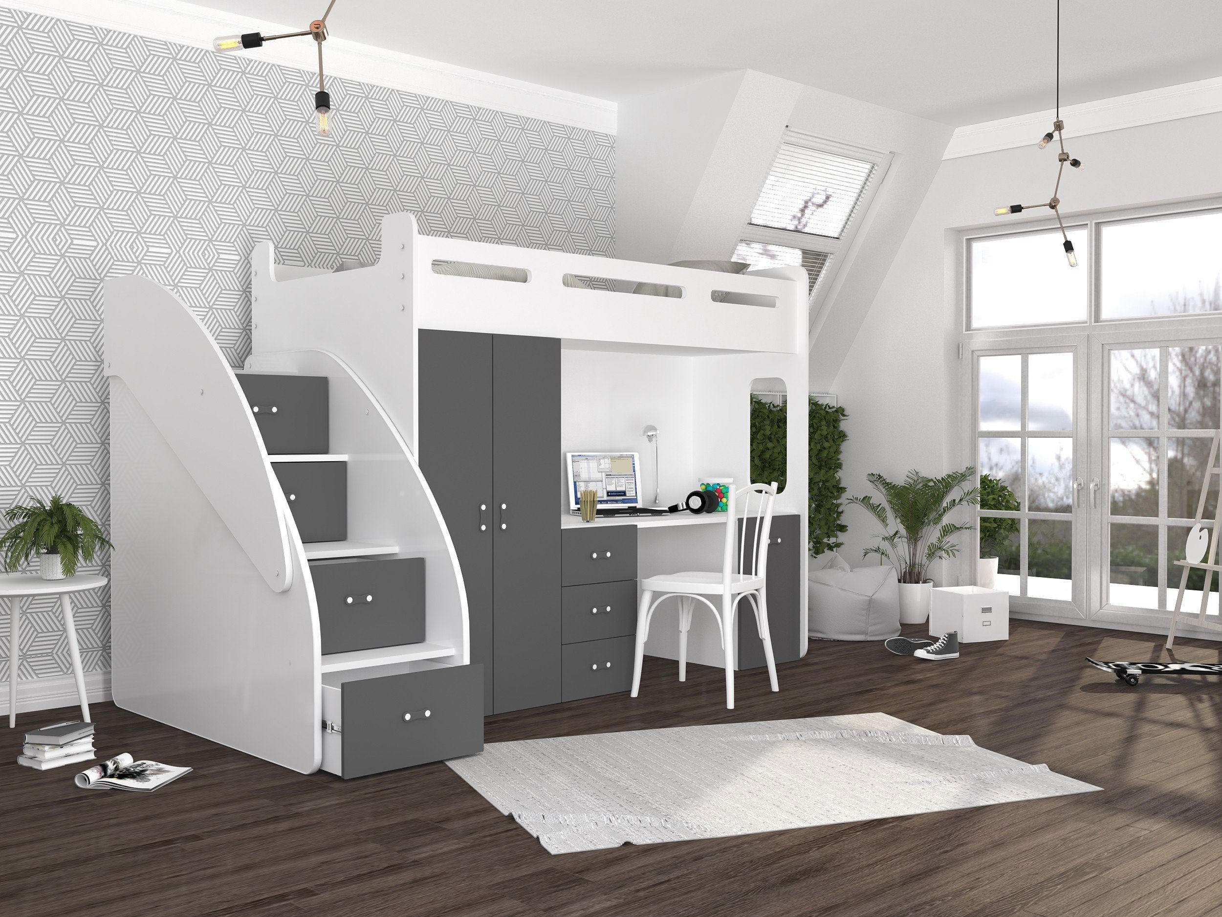 Unique Home Hochbett Hochbett ZU PL mit Matratze, Schreibtisch, Kleiderschrank Farbe wählbar Weiß/Grau