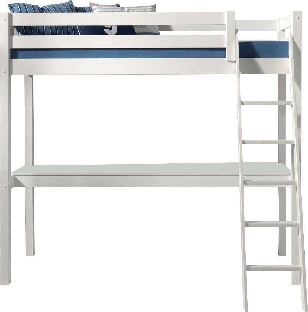 Vipack Hochbett Pino, Kiefer massiv, sehr standfest, Made in Europe, mit Sessel (B/H/T ca. 209x190x215cm, mit großer Schreibplatte und Leiter) inkl. Rolllattenrost, Absturzschutz, 2 Breiten zur Auswahl