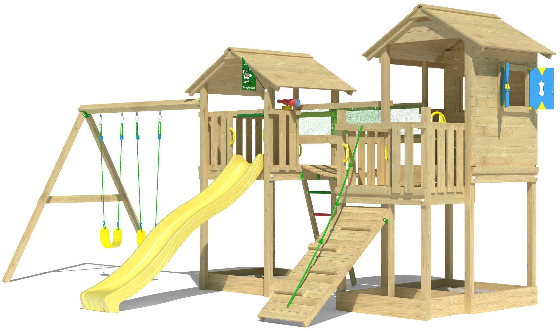 Jungle Gym Spielturm Stronghold, Spielanlage mit 2 Türmen, Schaukel und Rutsche mit Wasseranschluss