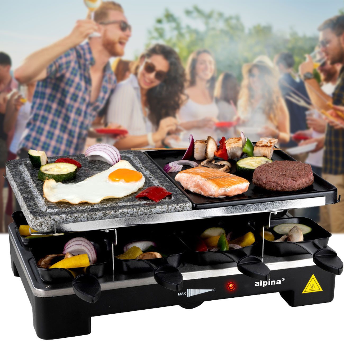 Alpina Tischgrill Profi Raclette Grill 1400W, Naturstein & Metallplatte, 8 Pfännchen, 1400 W, 1400W Raclette-Grill für 8 Personen mit Stein- und Metallplatte
