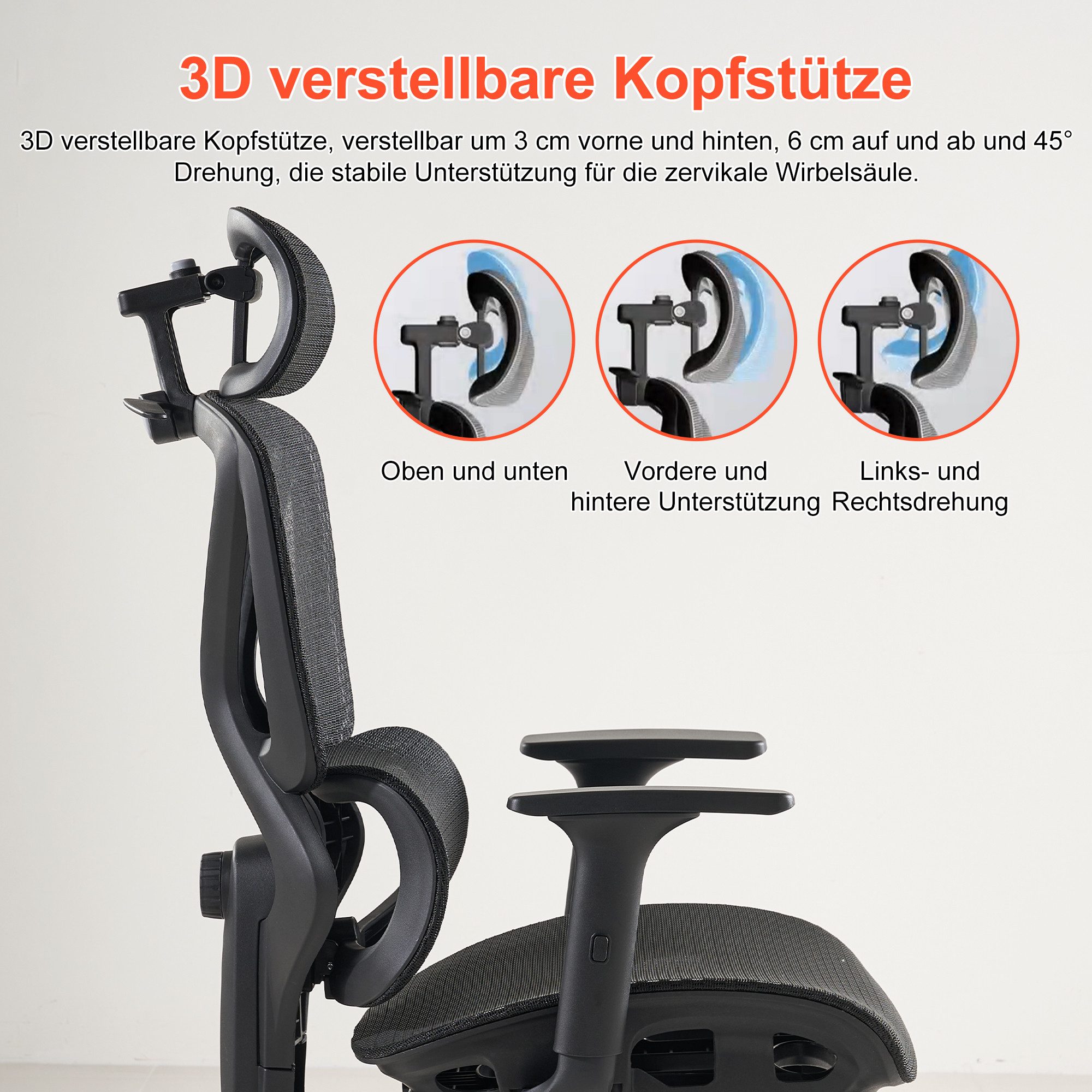 FOXSPORT Bürostuhl, Ergonomischer Premium-Schreibtischstuhl (Computer-Bürostuhl), 4D-Armlehnen, 3D-Kopfstütze, 4D-Lendenstütze, Rückenlehne (90°–135)