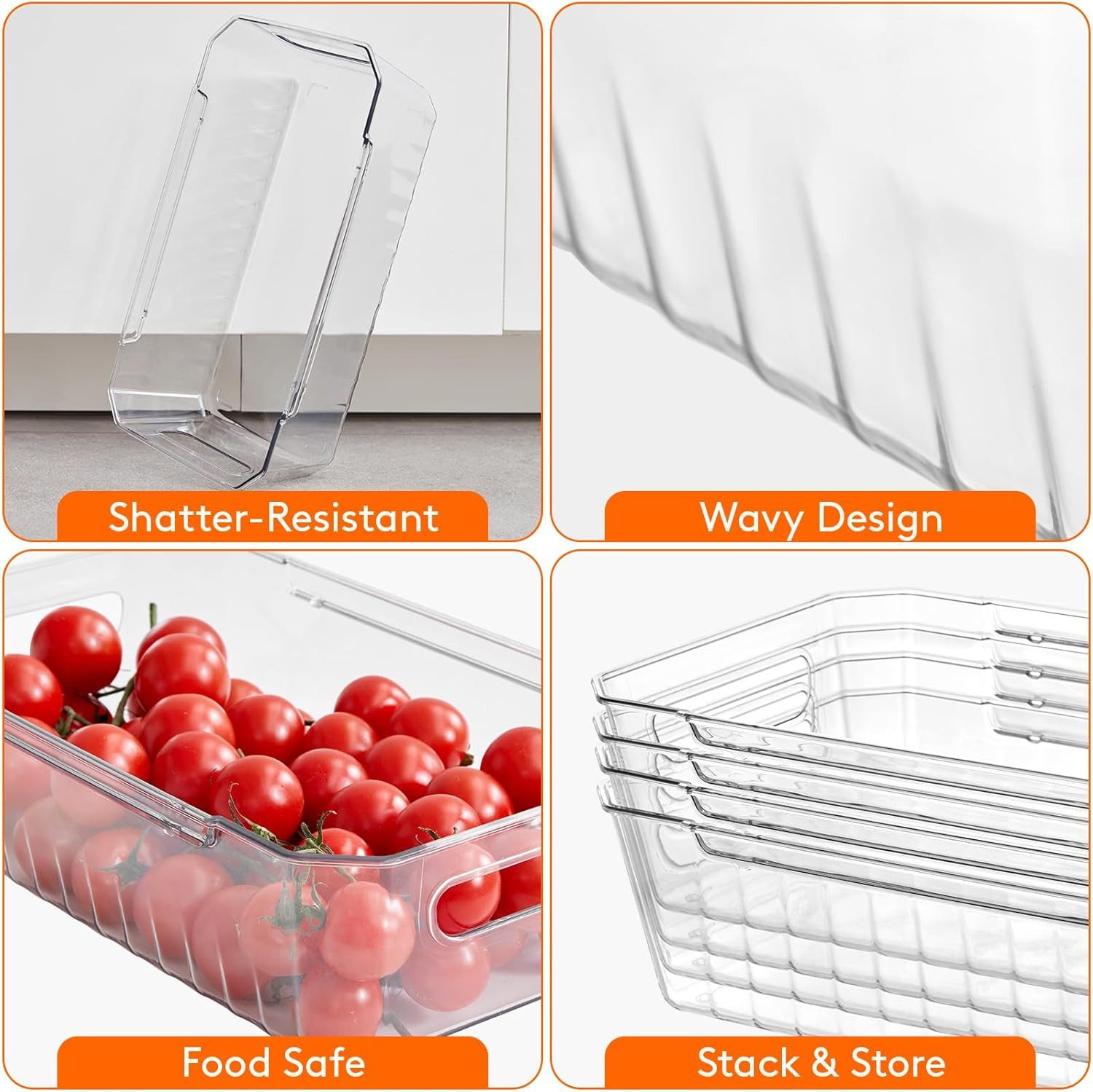 Lifewit Korbeinsatz 6er Set Kühlschrank Organizer Aufbewahrungsboxen BPA-frei stapelbar, Zubehör für Kühlschränke, Vorratsregale, Küchenregale, Bad- und Büroutensilien, Stapelbare, bruchsichere PET-Boxen mit Griff und Wellendesign