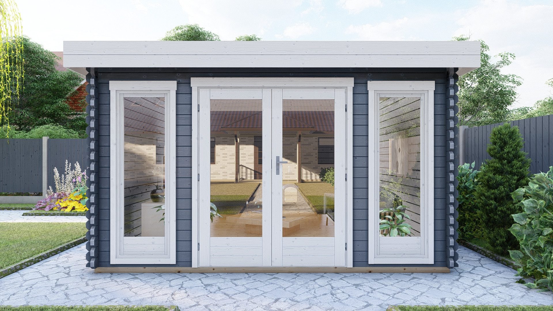Finn Art Blockhaus Gartenhaus Flachdach 4x3m Holz York 7 in 40mm Wandstärke, BxT: 390x300 cm, ohne Fußboden, ohne Dacheindeckung