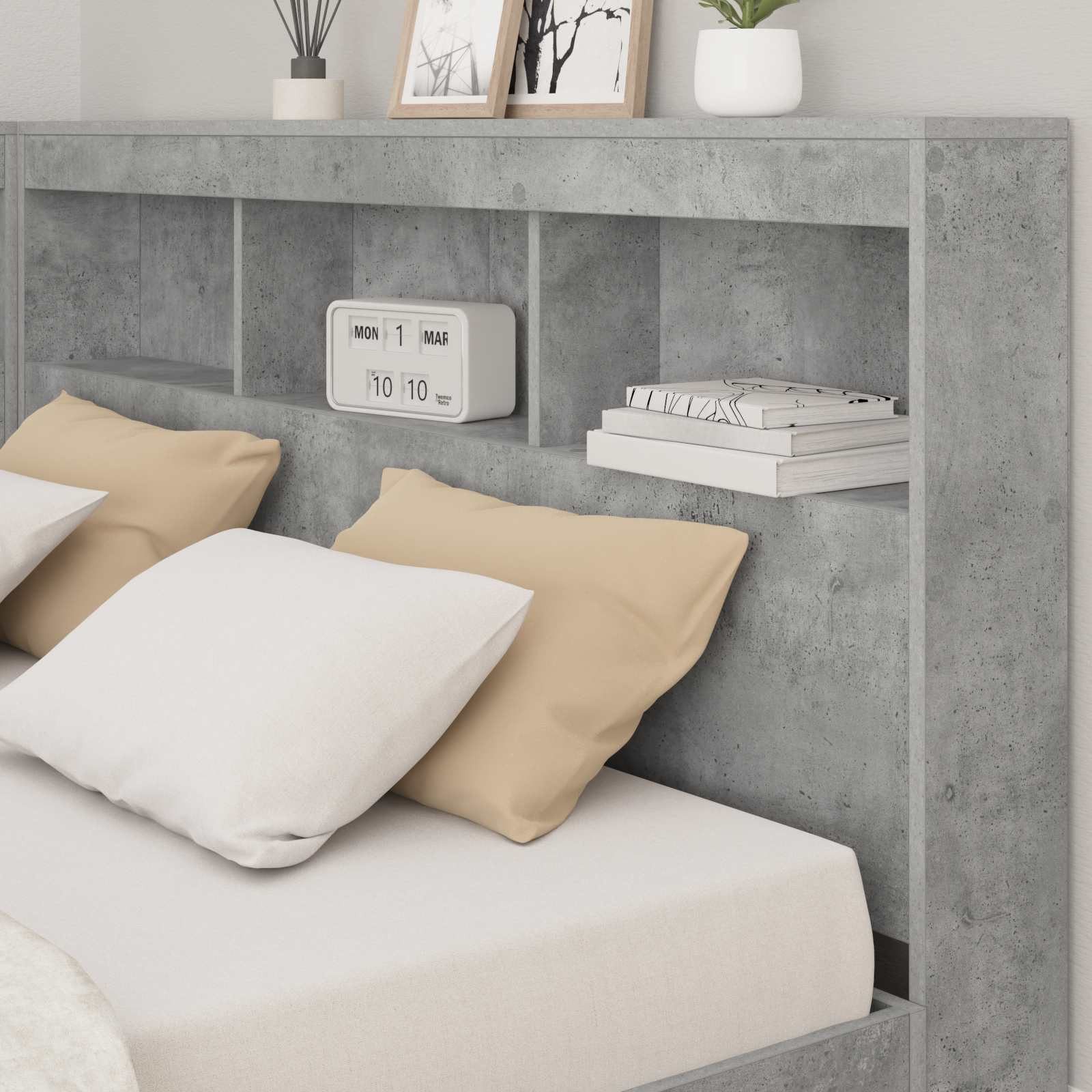 furnicato Bett Bücherregal-160 x 200 cm Betongrau, L-förmiges Einzelbett mit integriertem Regal für dein Schlafzimmer