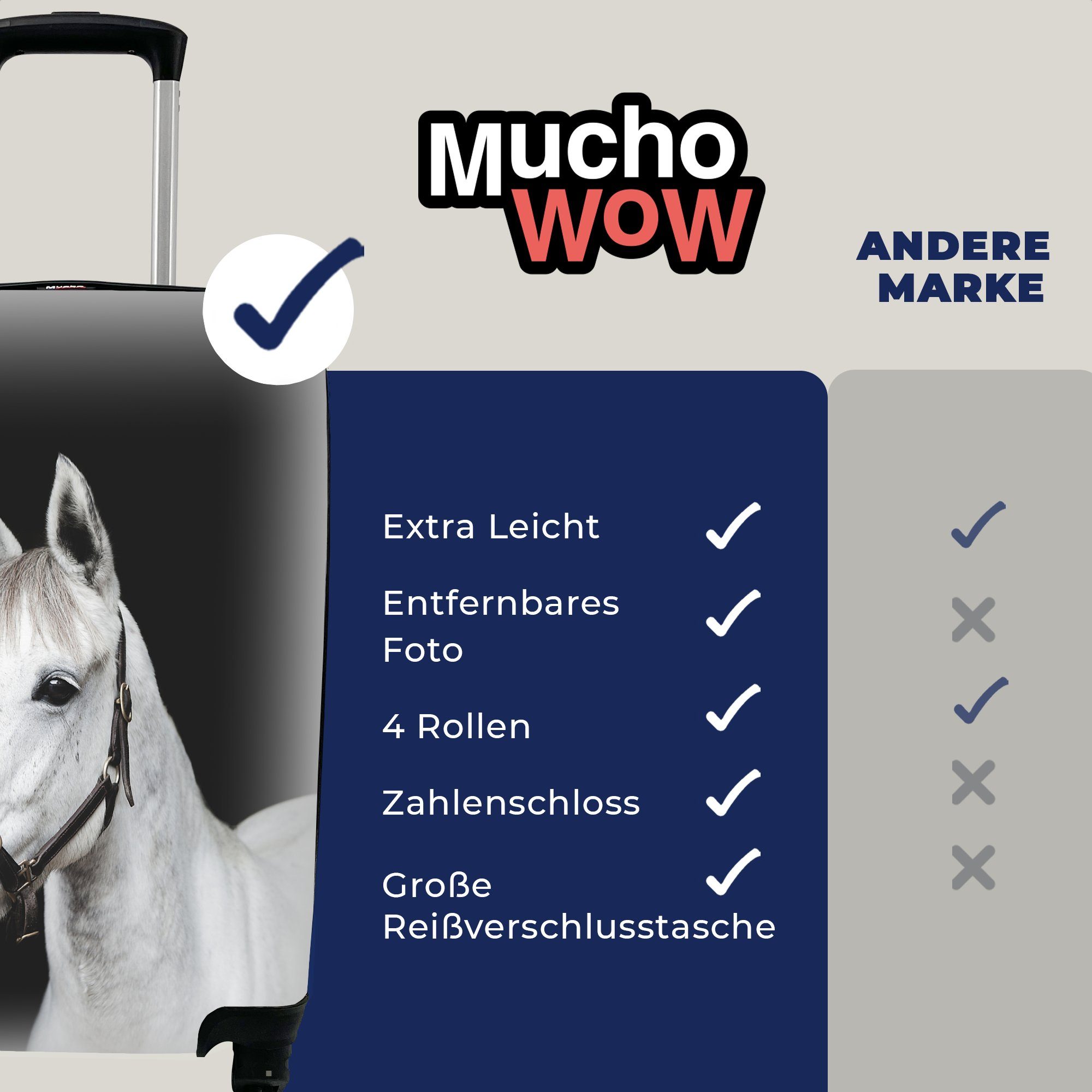 MuchoWow Handgepäckkoffer Pferd - rollen, Ferien, Handgepäck Weiß, Reisetasche mit Trolley, - für Reisekoffer 4 Halfter Rollen