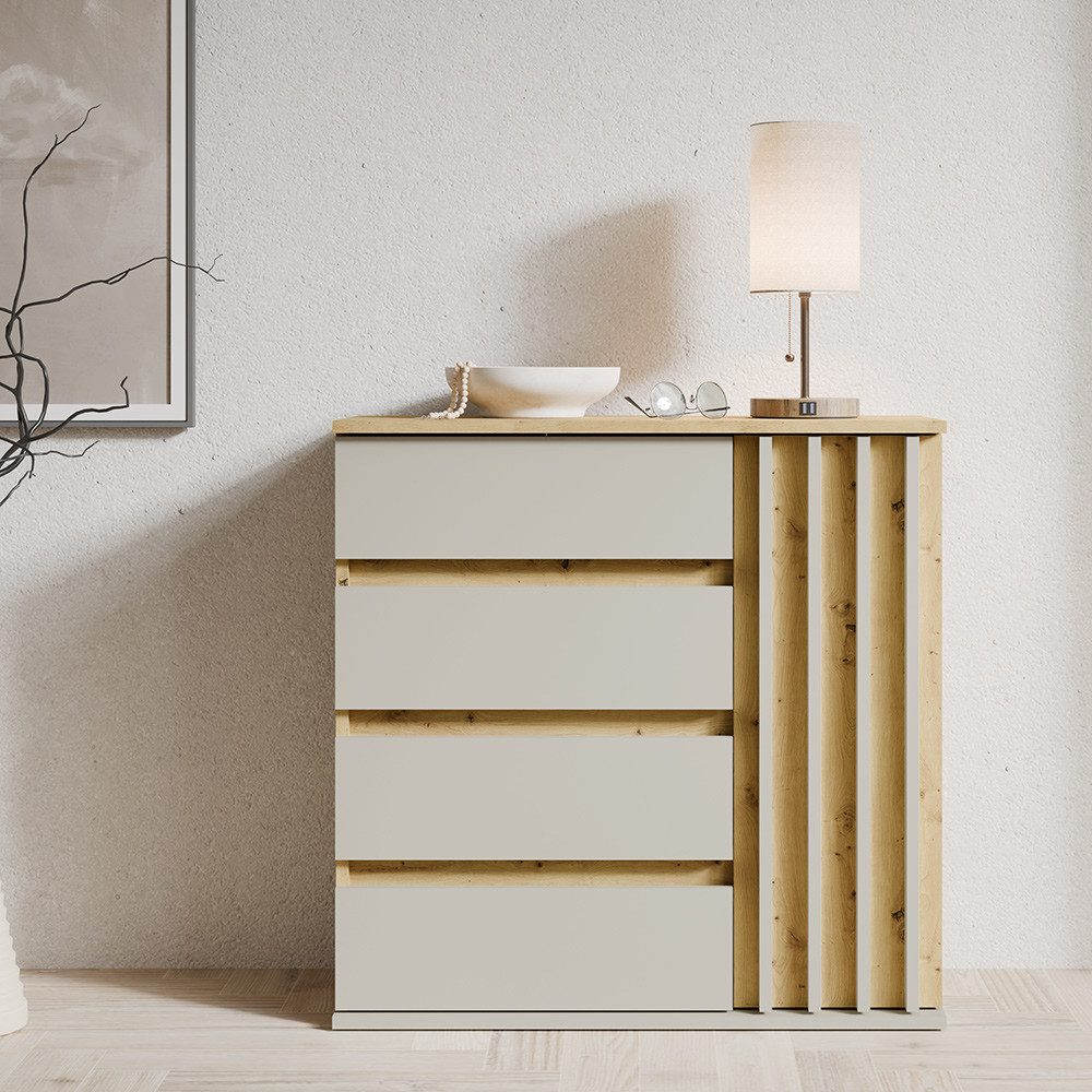 Lomadox Kommode DAVIS-166, Eiche Dekor Kaschmir Lamellen 80 cm
