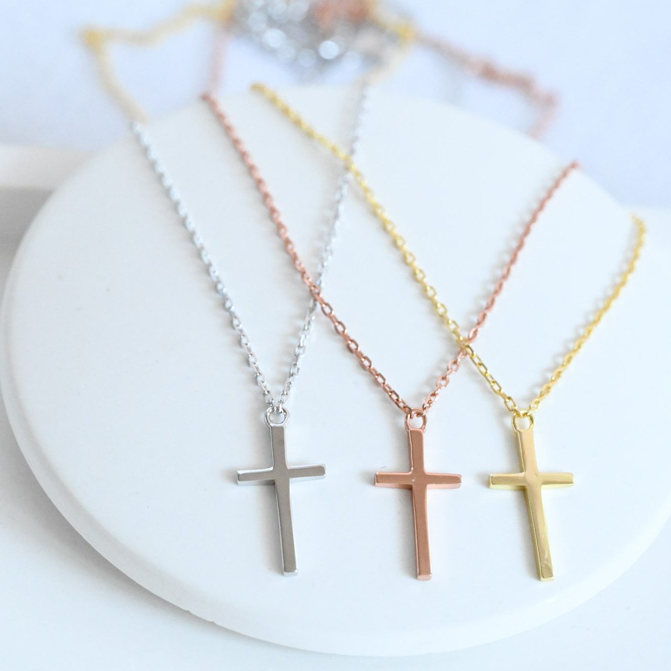 Runde Perlé Kette mit Anhänger minimalistische Kette mit kleinem Kreuz Anhänger, klassisches Kreuz, 925er Silber, 14K Gold, Roségold