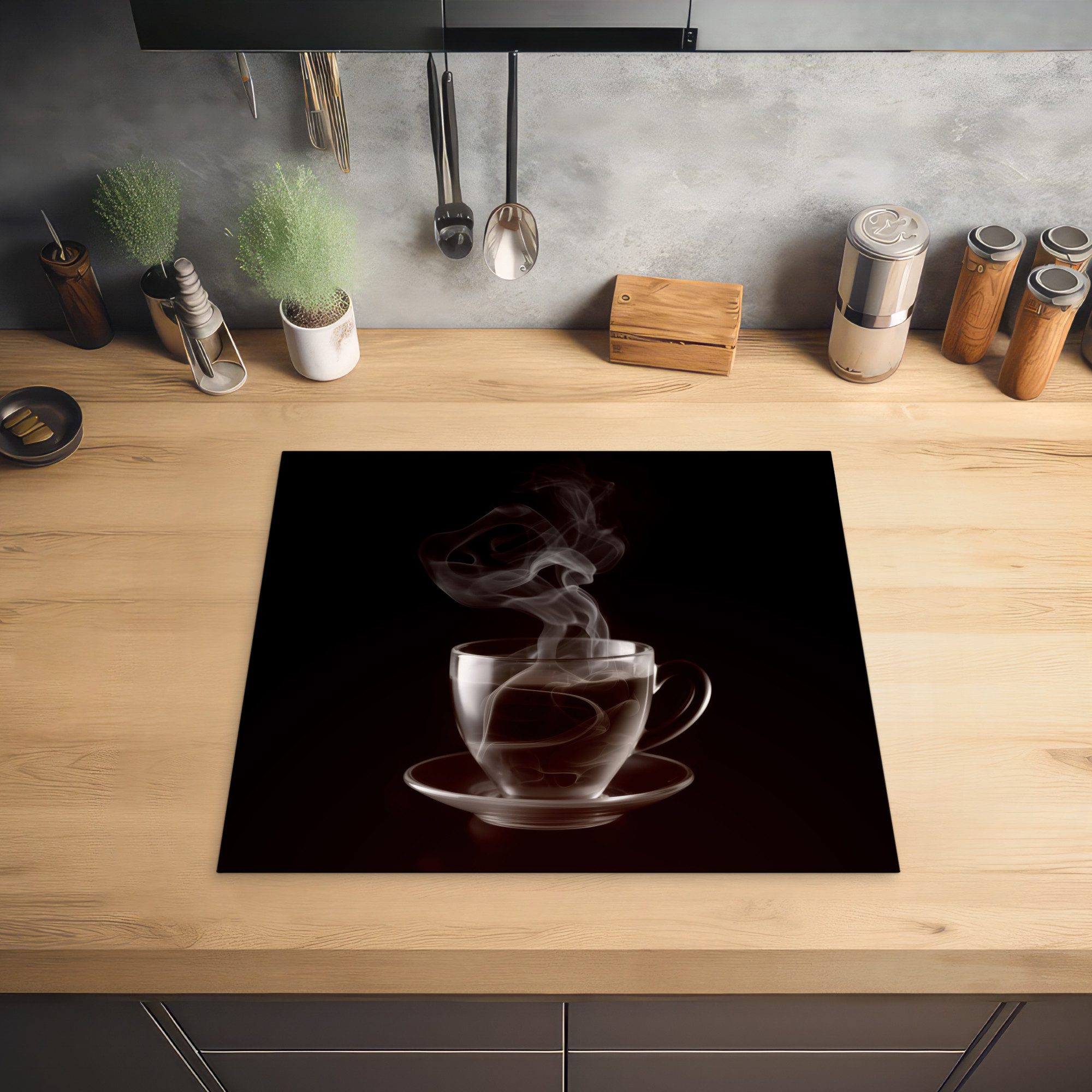 MuchoWow Herd-Abdeckplatte Tasse - Tee - Schwarz - Weiß, Vinyl, (1 tlg), Abdeckplatte für Ceranfeld, Herd Inductionsmatte, 60x50 cm