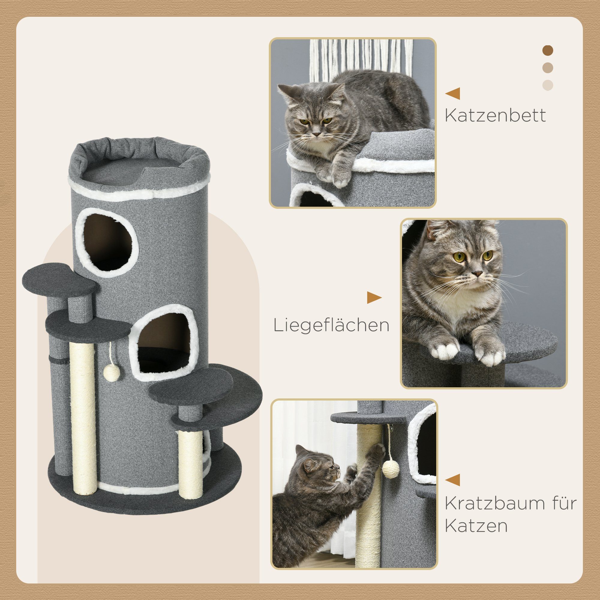 PawHut Kratzbaum Kratztonne Katzenbaum mit Katzenbett, Kletterbaum mit Spielball, Grau, Grau, Ø57 x 99H cm – Bild 5 von 5