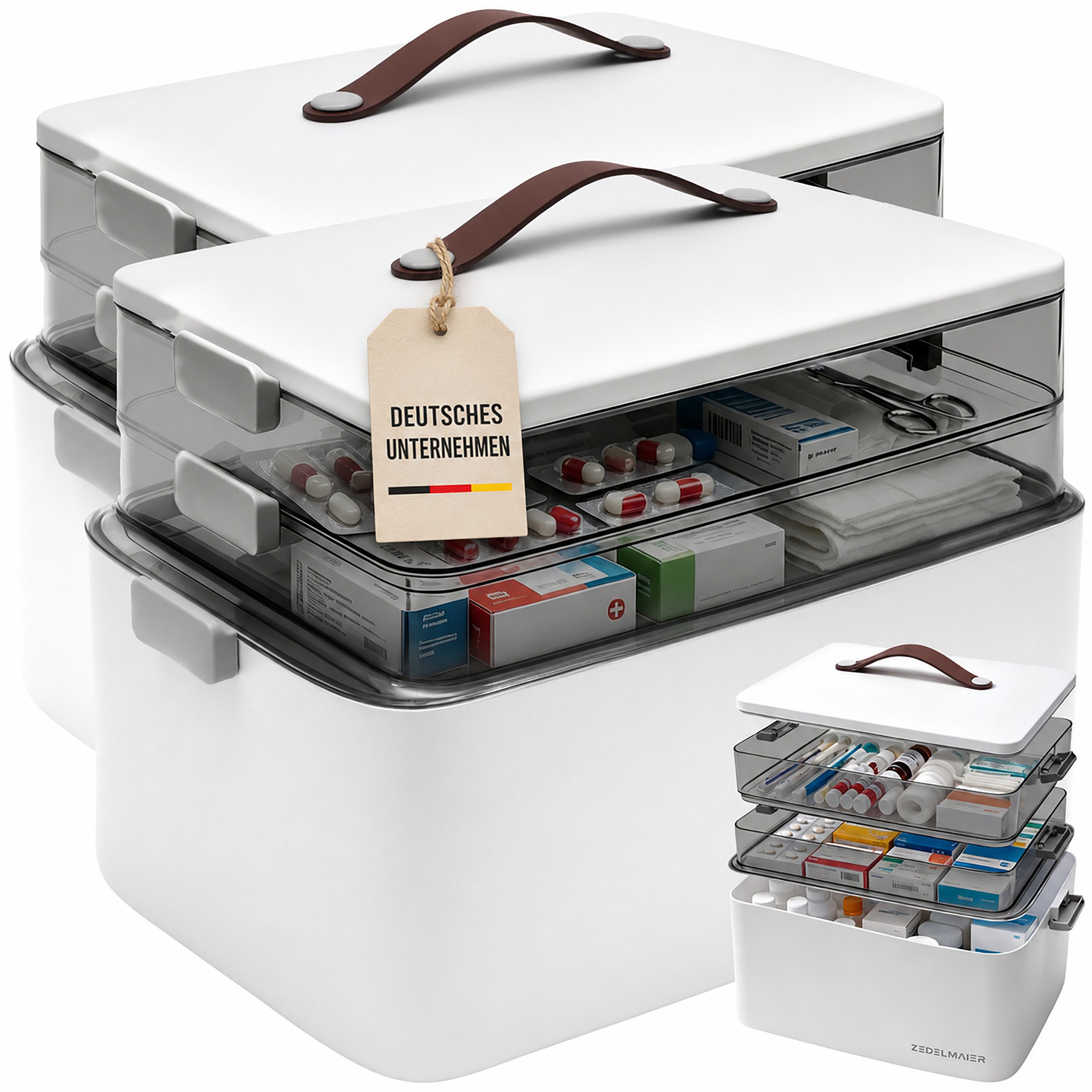 Zedelmaier Aufbewahrungsbox Medizinbox 3/4-stöckig, Hausapotheke Box, Medikamenten Aufbewahrung, mit Tragegriff, Klickverschluss, platzsparend,Herausnehmbares Fach