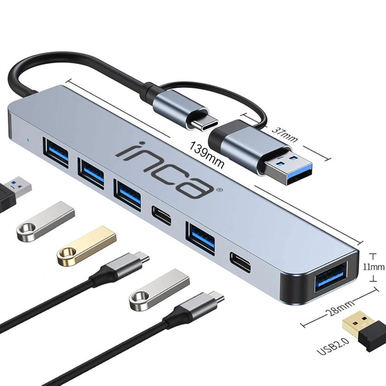 INCA IUTP-7T USB-Adapter USB-C Stecker zu USB-A Buchse, USB-C Buchse, USB-C Hub 5-in-1 mit 100 W PD und Aluminiumgehäuse