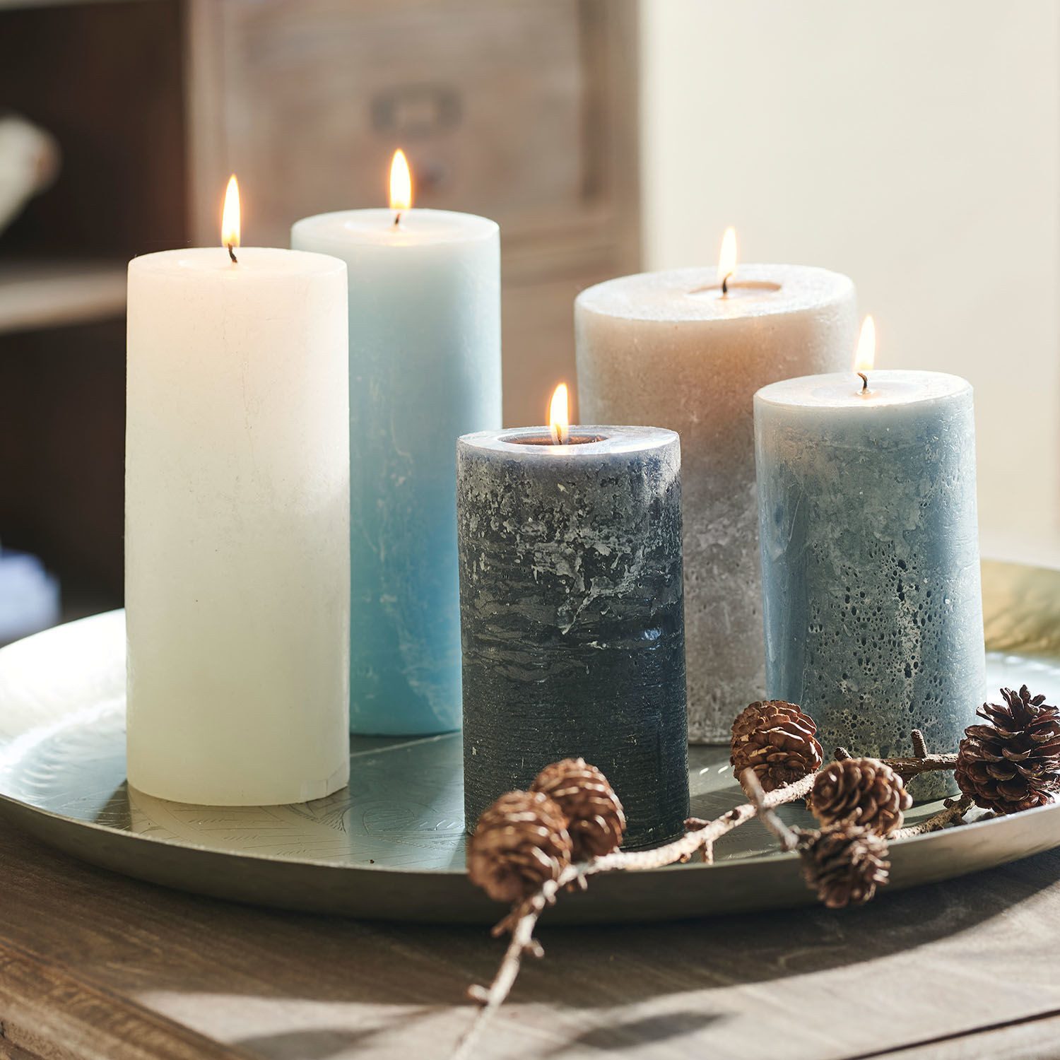 Mirabeau Stumpenkerze Kerze 5er Set Panagra blau/grau (5er Set, 5er Set), n günstig online kaufen