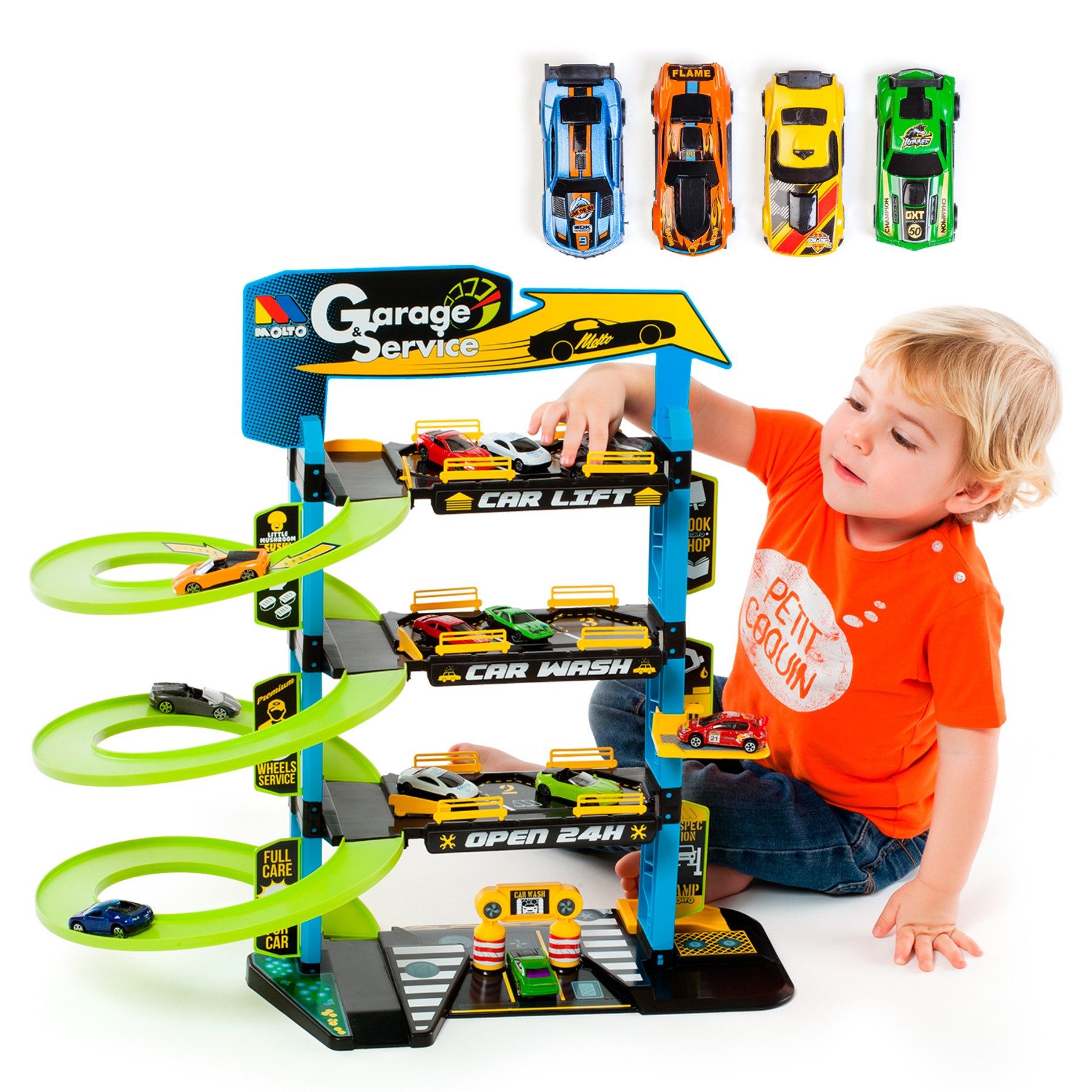 MOLTO Spiel-Parkgarage Parkhaus mit 4 Fahrzeugen günstig online kaufen