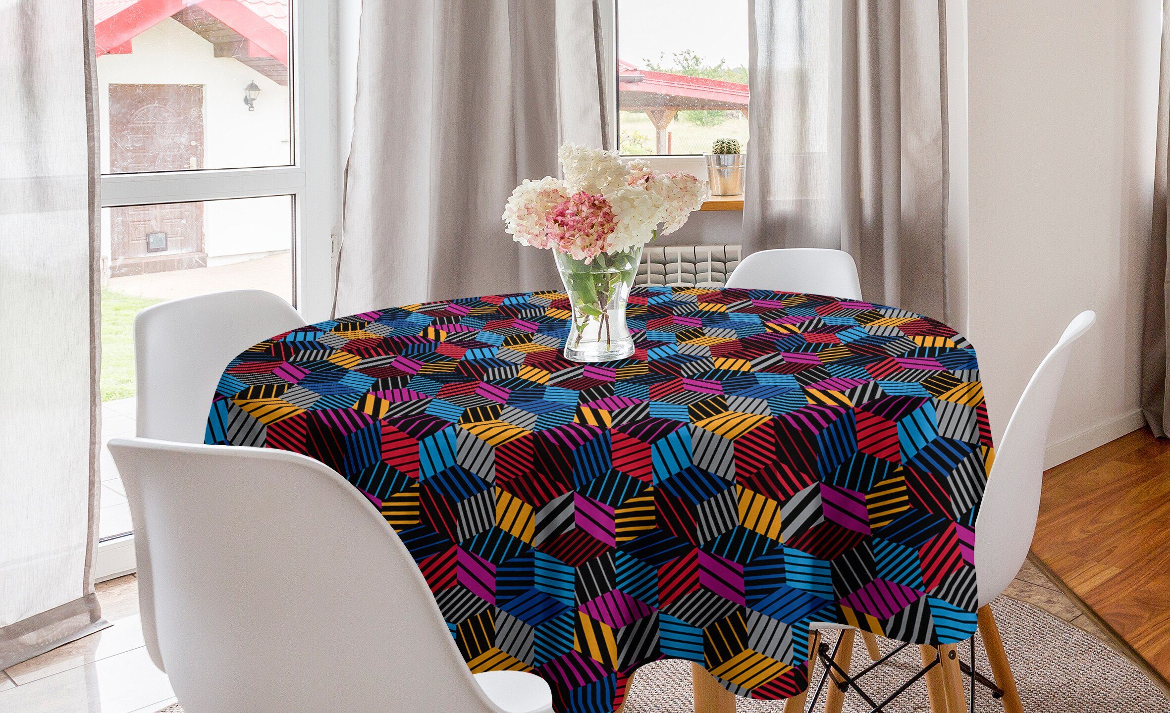 Abakuhaus Tischdecke Kreis Tischdecke Abdeckung für Esszimmer Küche Dekoration, Geometrisch 3D Cube Stripes Stil